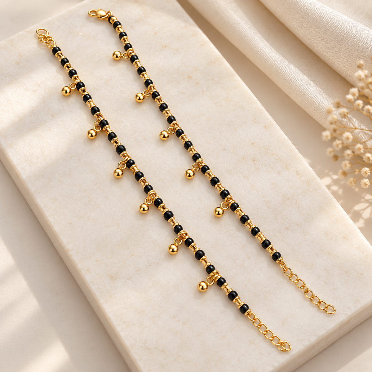 Fancy Black Beads with Golden Hanging Ball Najariya Bracelet