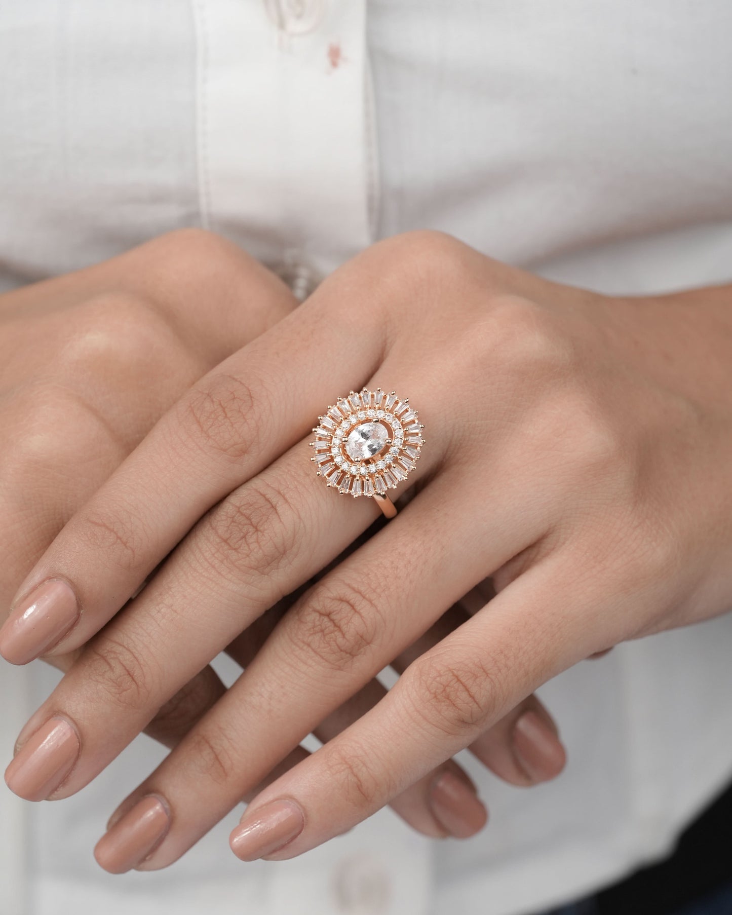 American Diamond Rose Gold Ovel Chowki Diamond Adjustable Free Size Ring - finger ring - Belleza Jewels