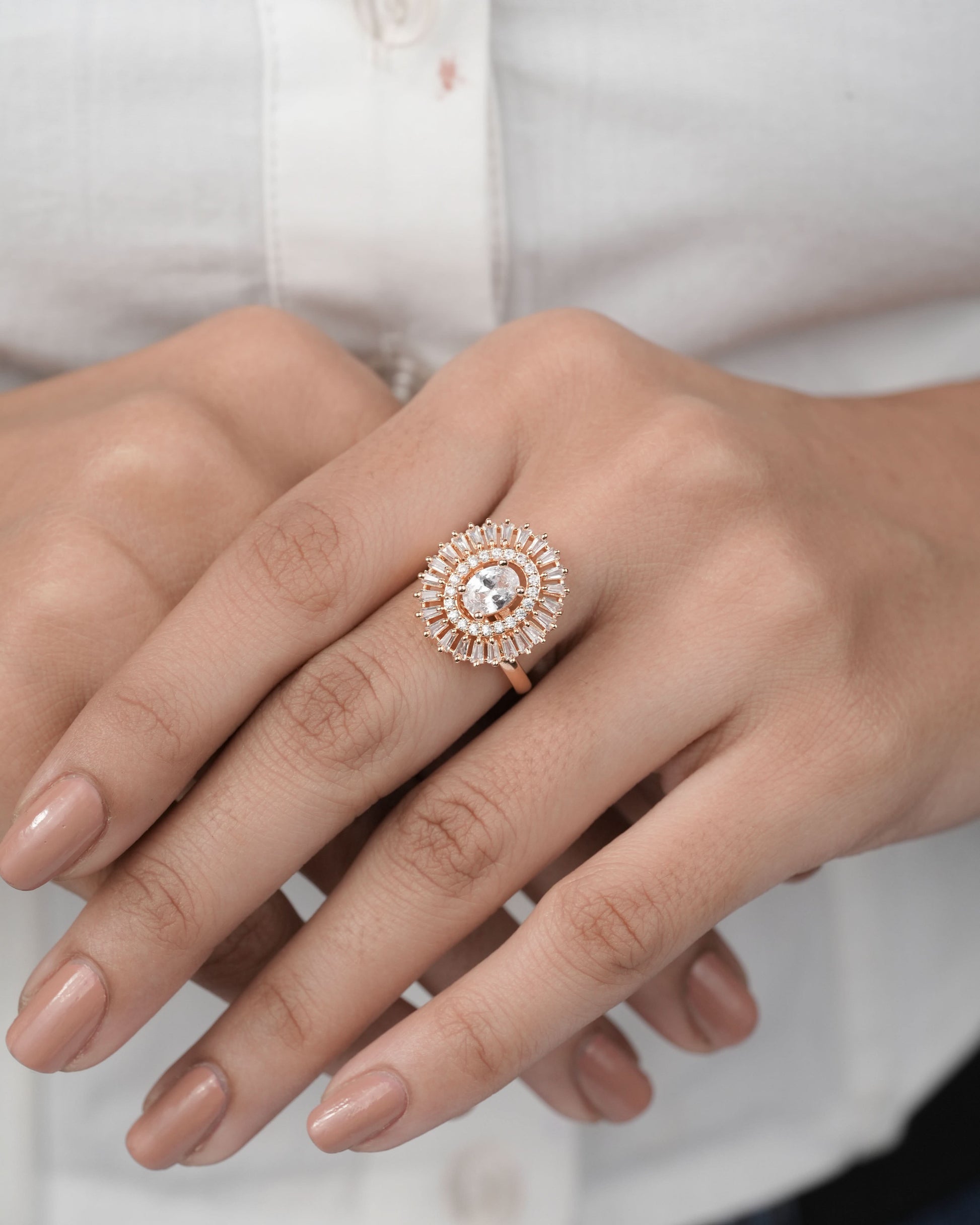 American Diamond Rose Gold Ovel Chowki Diamond Adjustable Free Size Ring - finger ring - Belleza Jewels