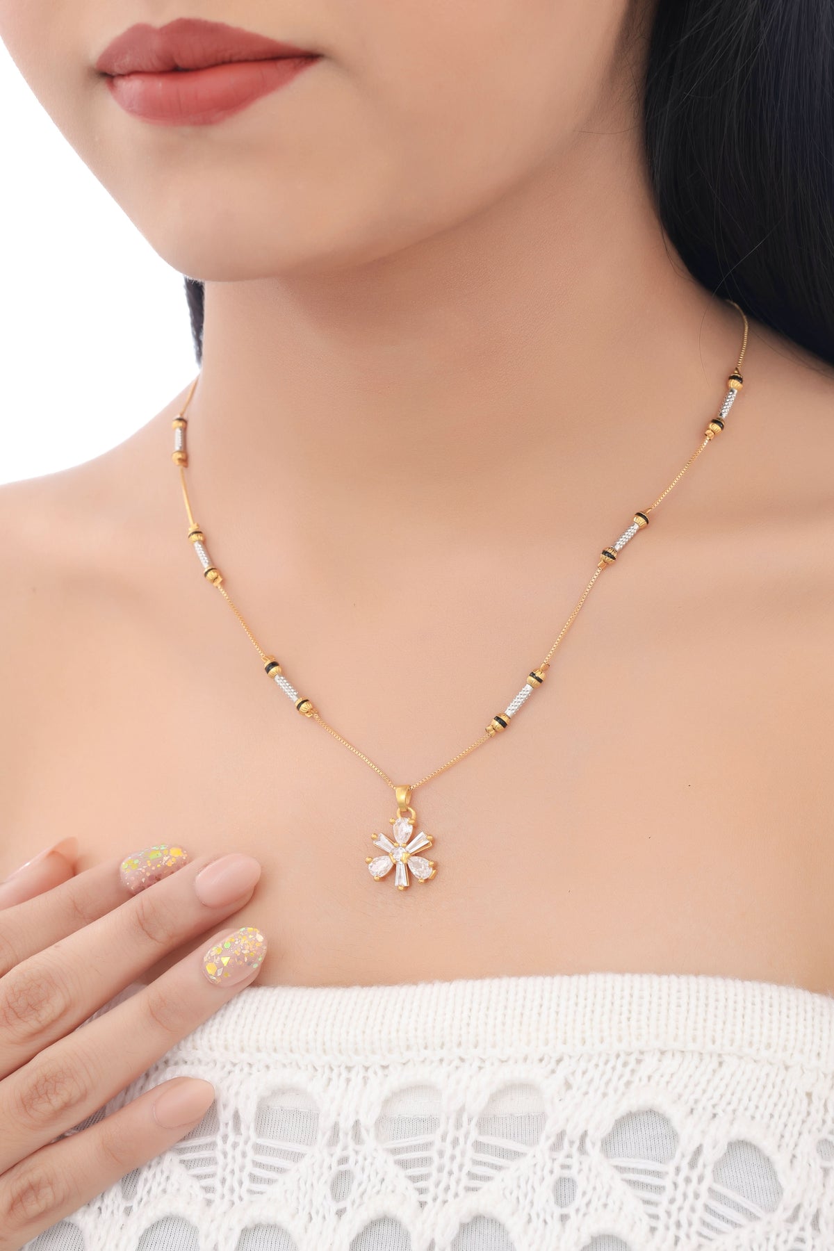 Buy 1 Get 1 Free - Floral Diamond Style Minimal Black Beads Mangalsutra - Mangalsutra - Belleza Jewels