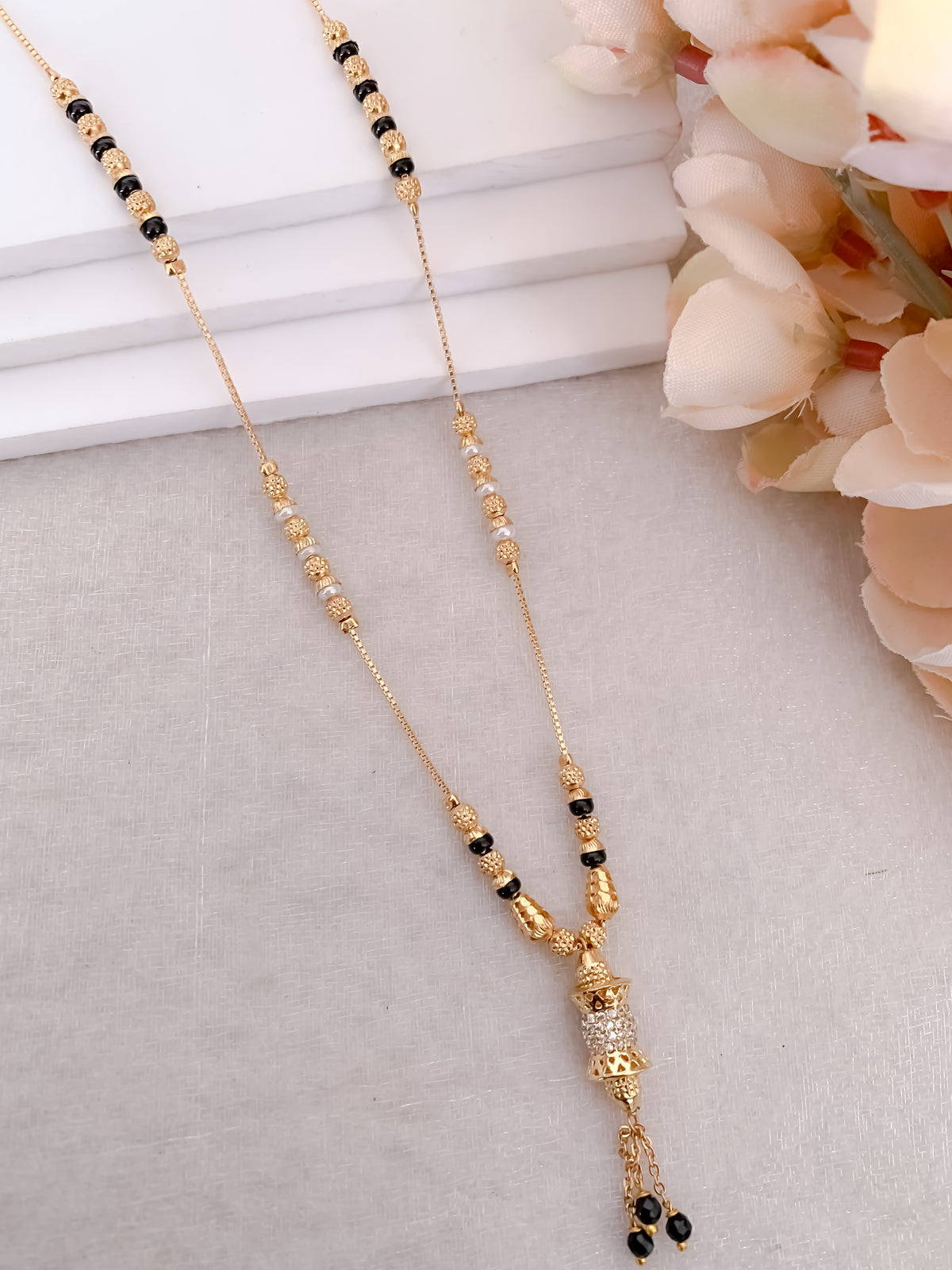 Buy 1 Get 1 Free -Traditional Gold Plated Mangalsutra with Black Beads & Stone Pendant - Mangalsutra - Belleza Jewels