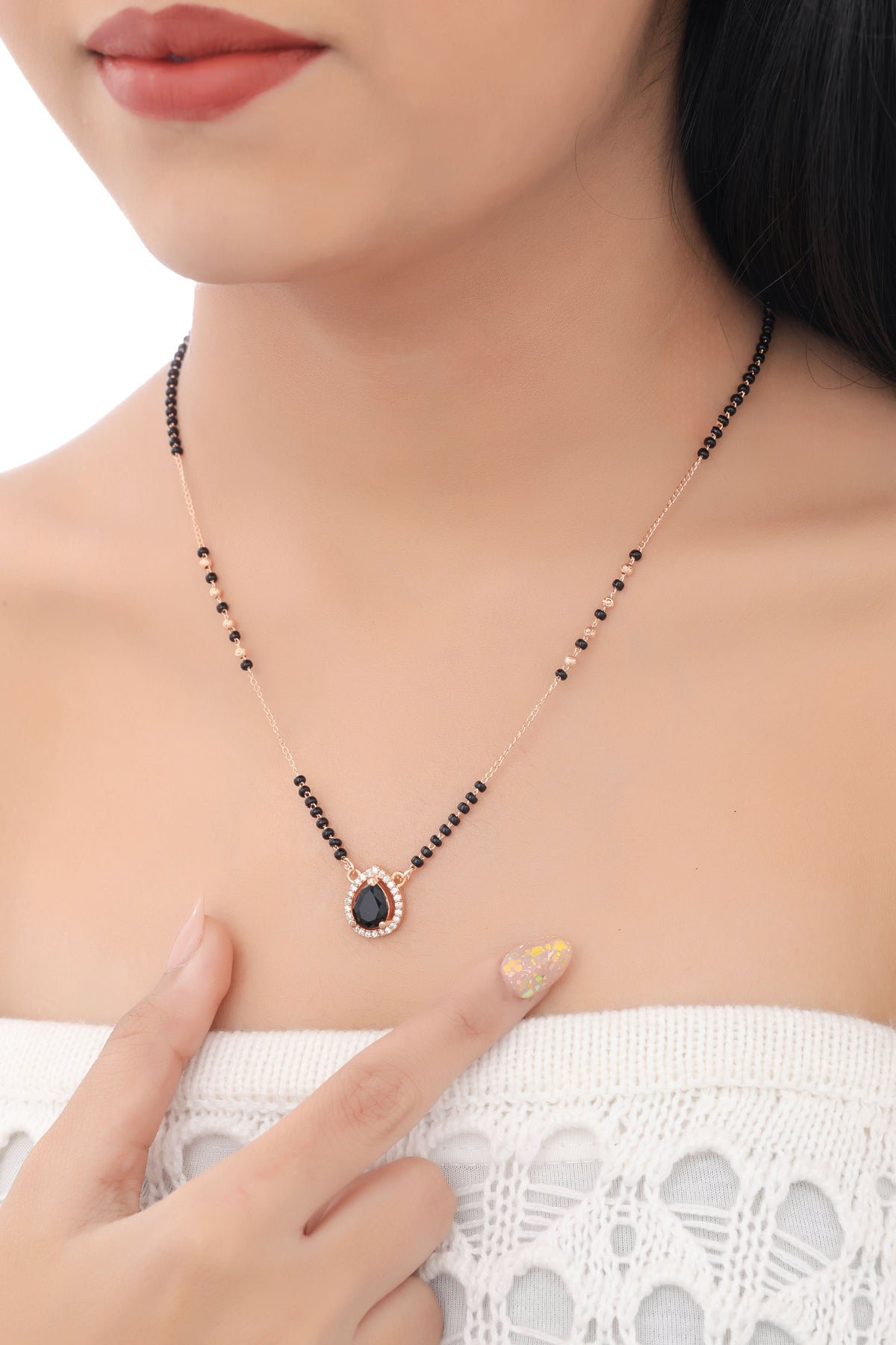 Buy 1 Get 1 Free - Rose Gold Finish Black Teardrop Stone Mangalsutra - Mangalsutra - Belleza Jewels