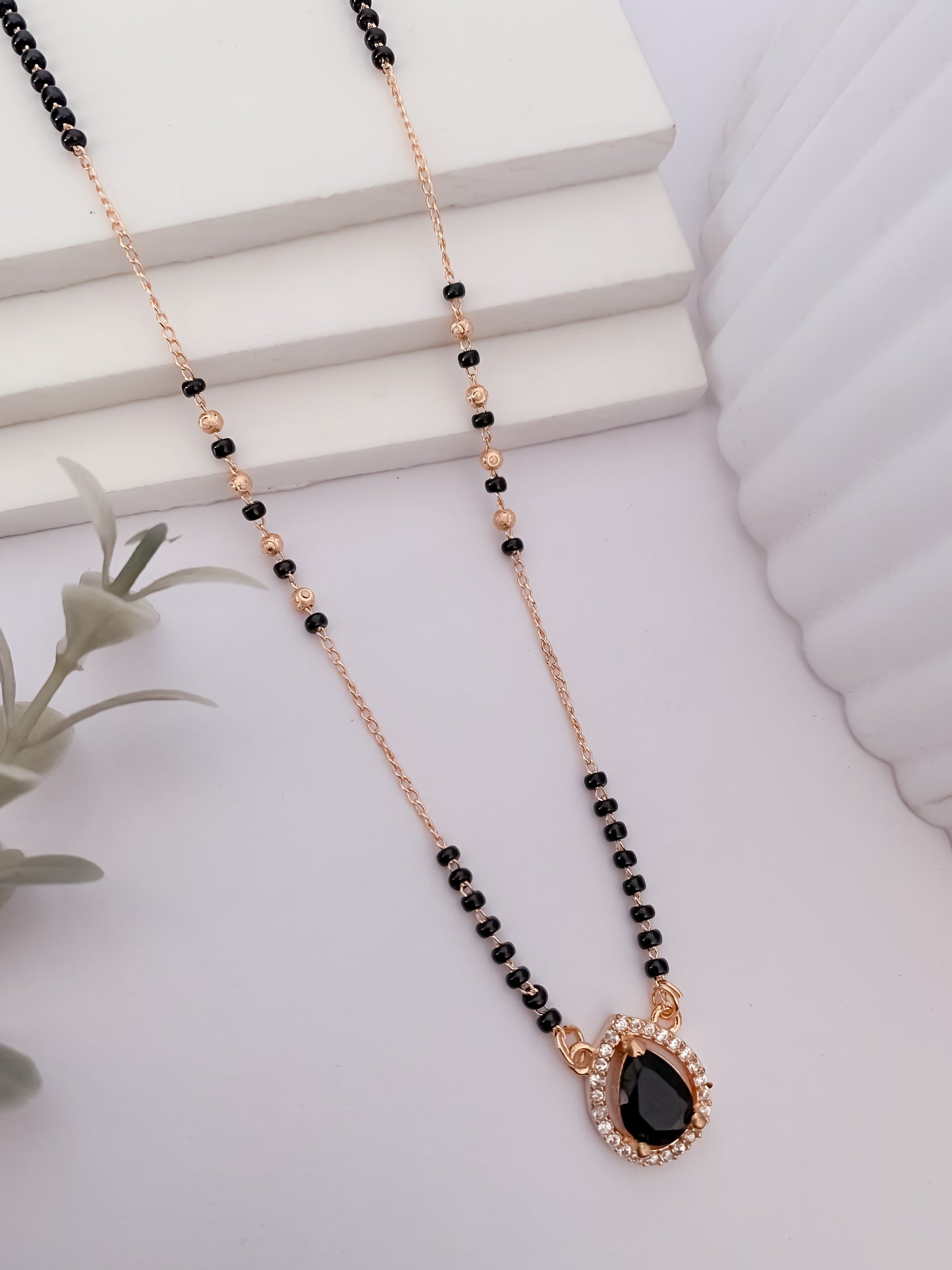 Buy 1 Get 1 Free - Rose Gold Finish Black Teardrop Stone Mangalsutra - Mangalsutra - Belleza Jewels