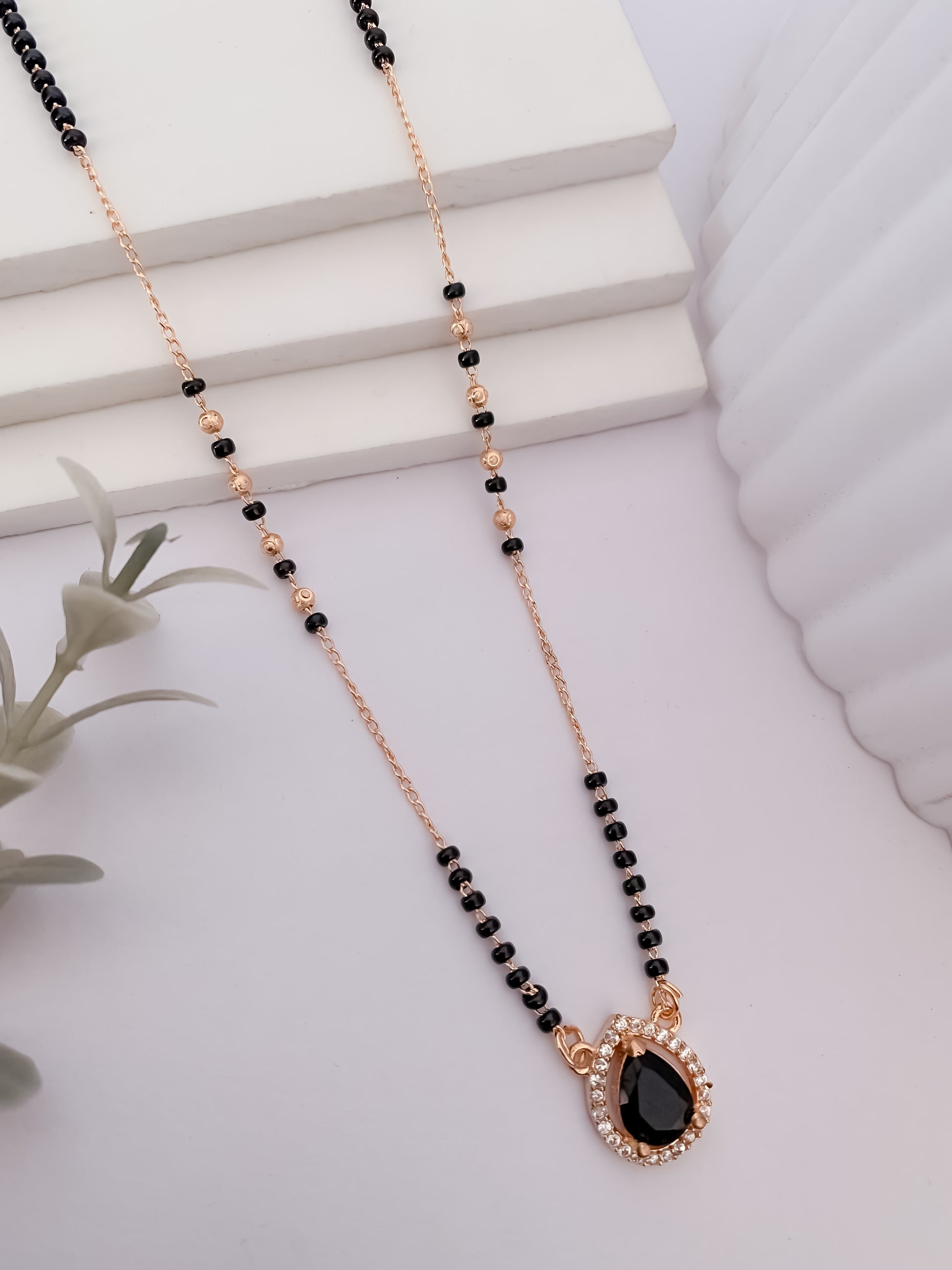 Buy 1 Get 1 Free - Rose Gold Finish Black Teardrop Stone Mangalsutra - Mangalsutra - Belleza Jewels