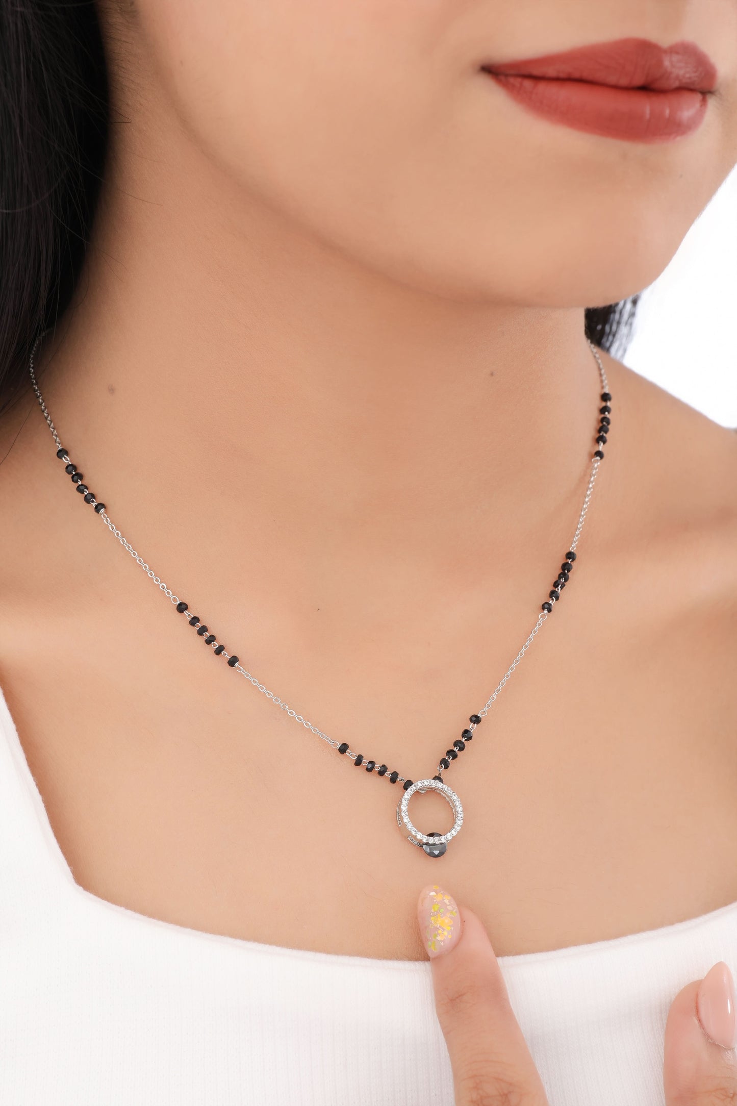 Buy 1 Get 1 Free - American Diamond Round shape silver plated Fancy Mangalsutra