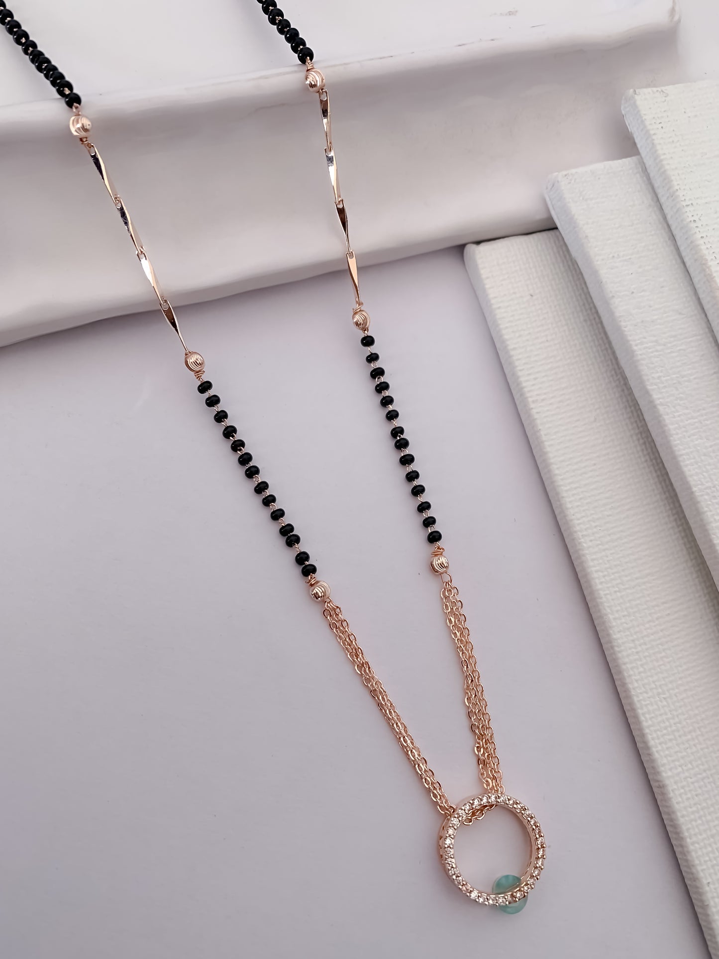 Buy 1 Get 1 Free - Rose Gold Infinity Circle Mangalsutra (Black Beads & Crystal Ring Pendant) - Mangalsutra - Belleza Jewels