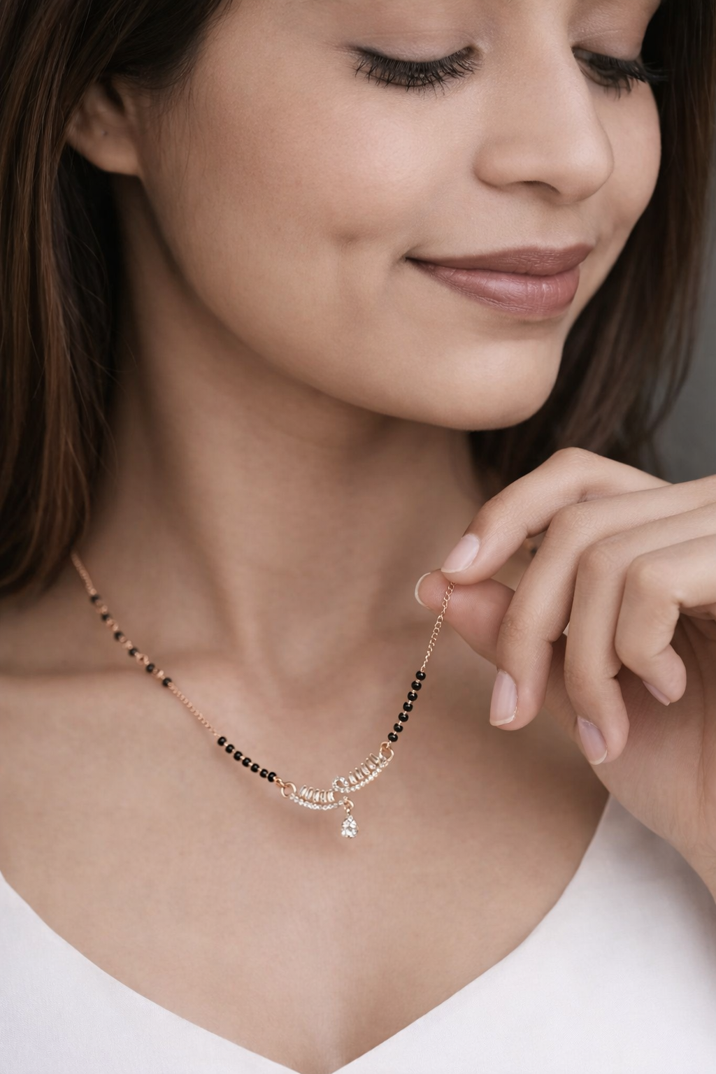 Buy 1 Get 1 Free - Sleek Curve Drop Mangalsutra – Minimal AD Pendant with Dual Black Bead Chain - Mangalsutra - Belleza Jewels