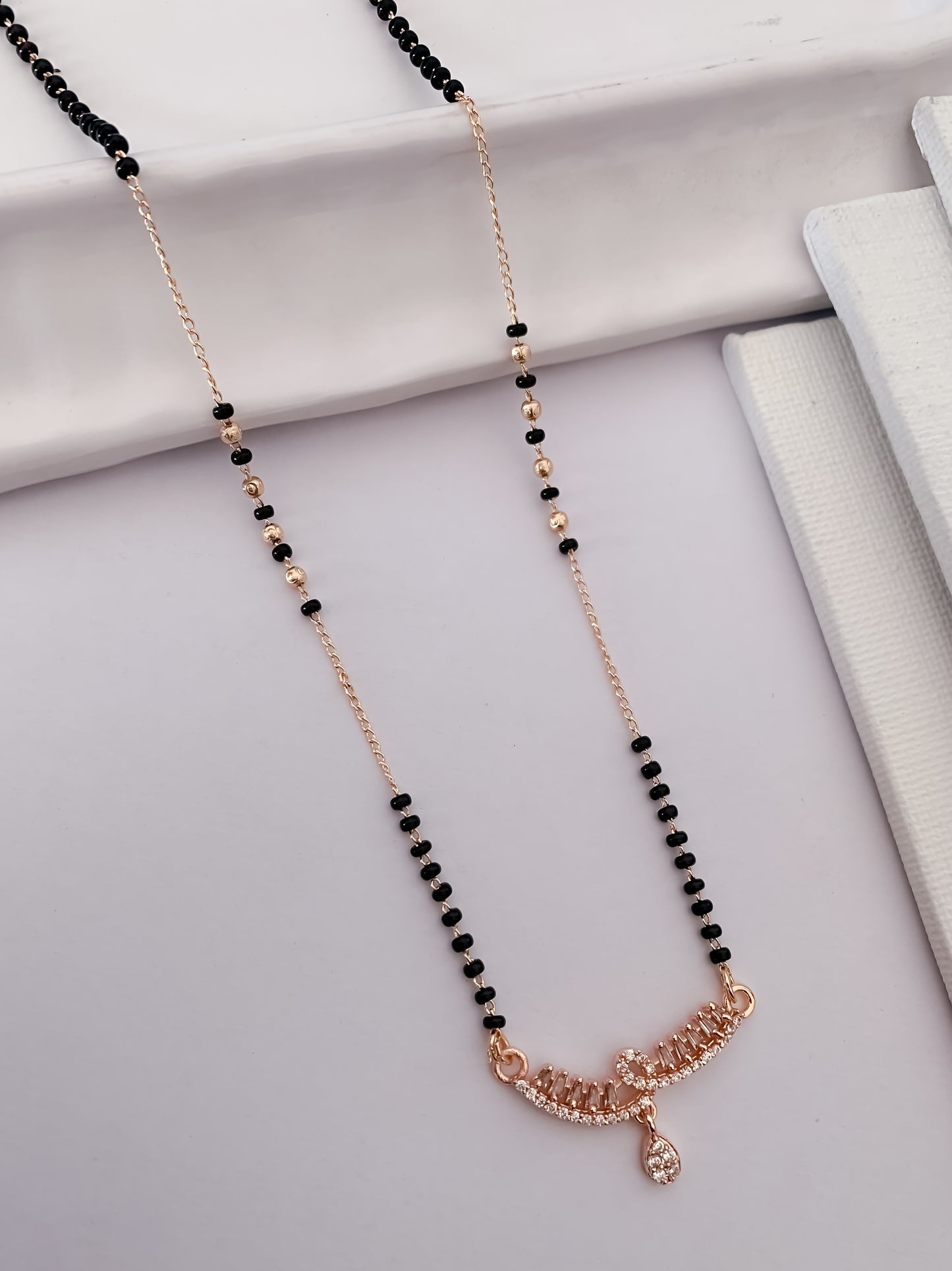 Buy 1 Get 1 Free - Sleek Curve Drop Mangalsutra – Minimal AD Pendant with Dual Black Bead Chain - Mangalsutra - Belleza Jewels