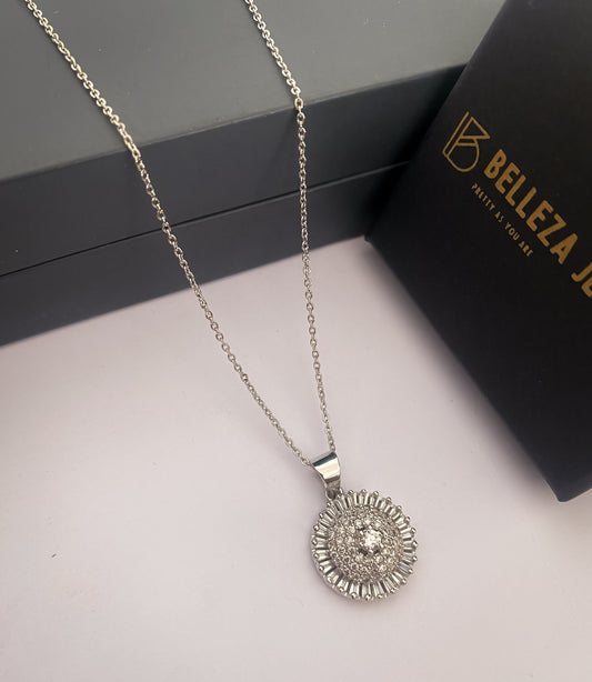 American Diamond Silver Plated Fancy Delicate Chain Pendent Necklace