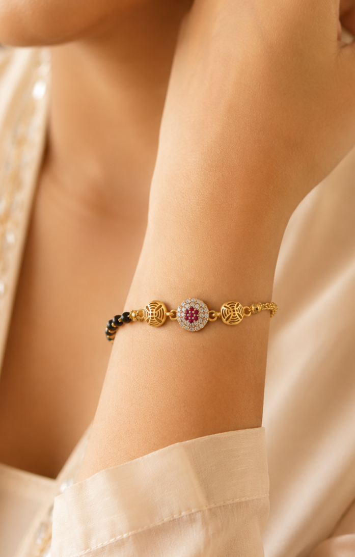 American Diamond Gold Ruby Round Shape Fancy Hand Mangalsutra