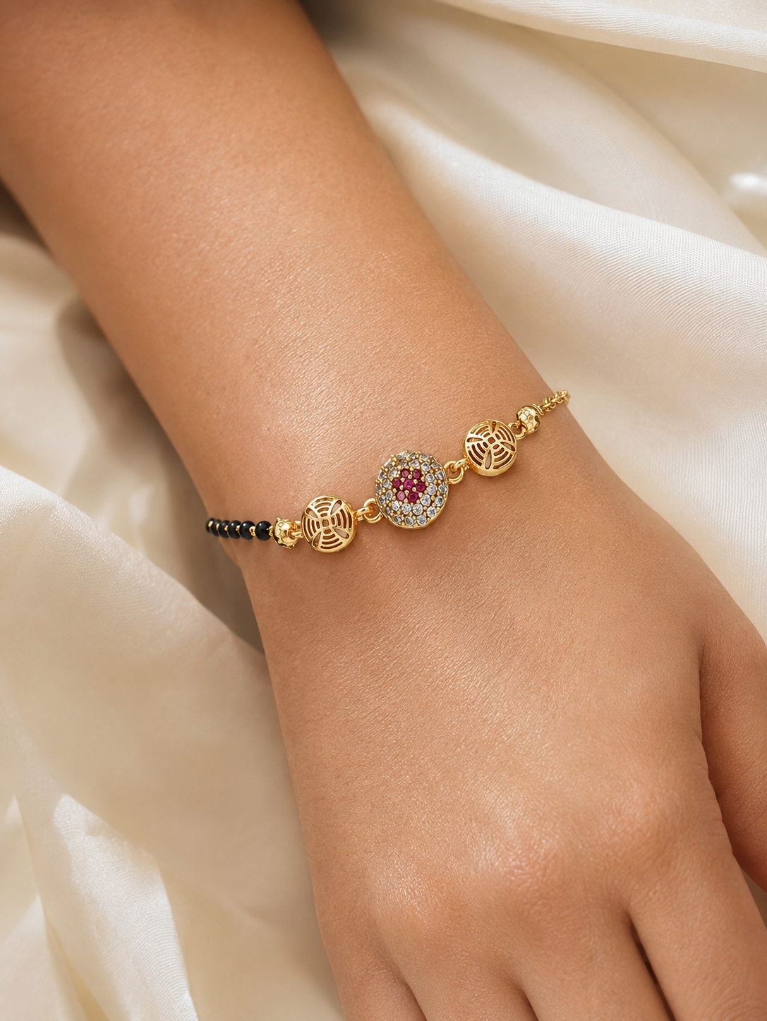American Diamond Gold Ruby Round Shape Fancy Hand Mangalsutra