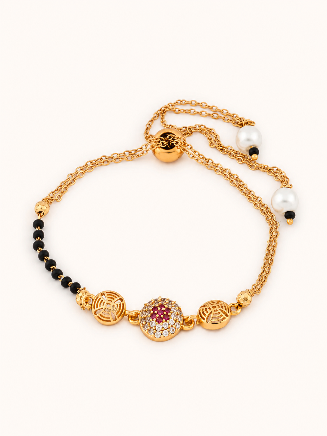 American Diamond Gold Ruby Round Shape Fancy Hand Mangalsutra
