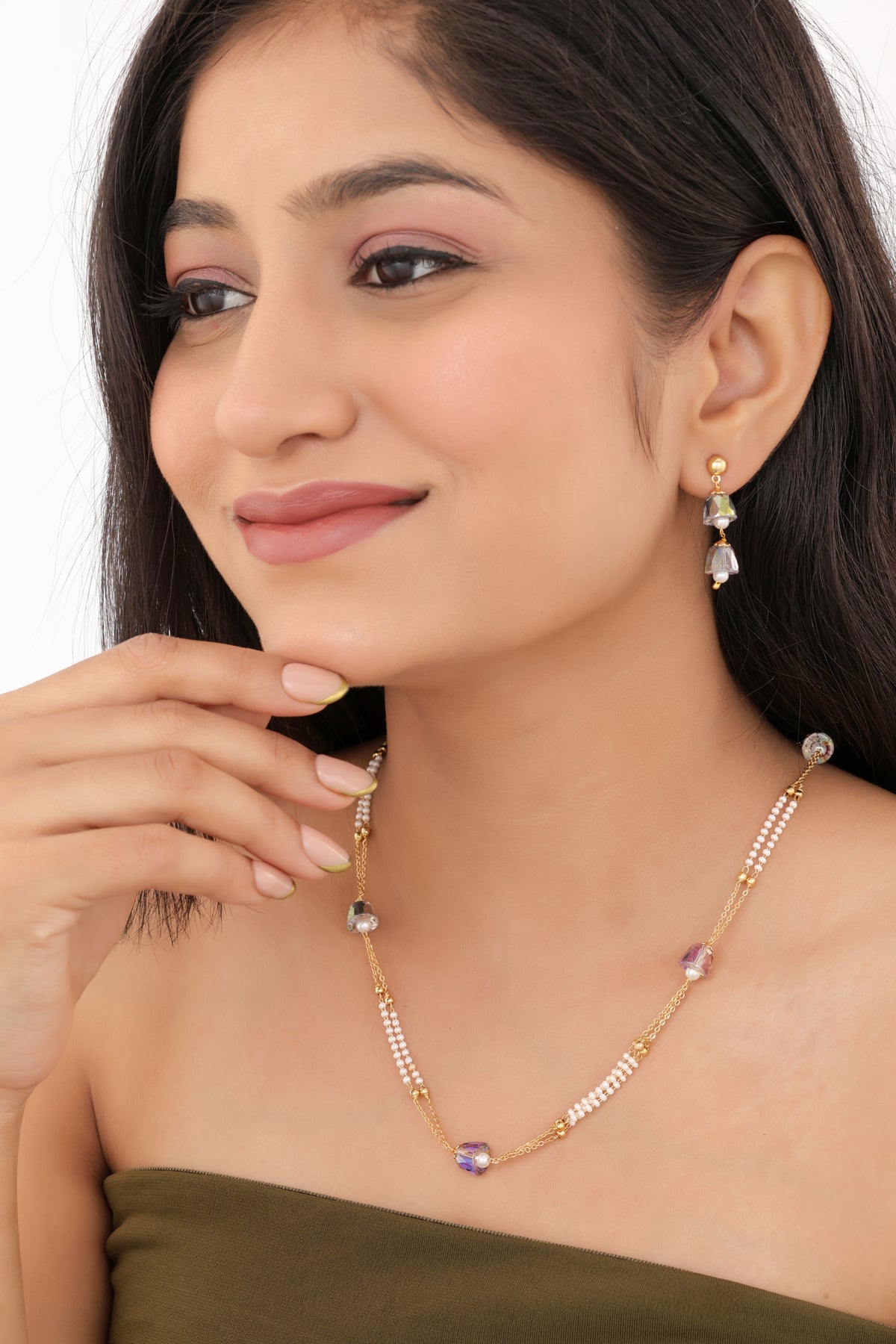 Steel High Gold Fancy Pearl n Crystal Chain With Earring -  - Belleza Jewels