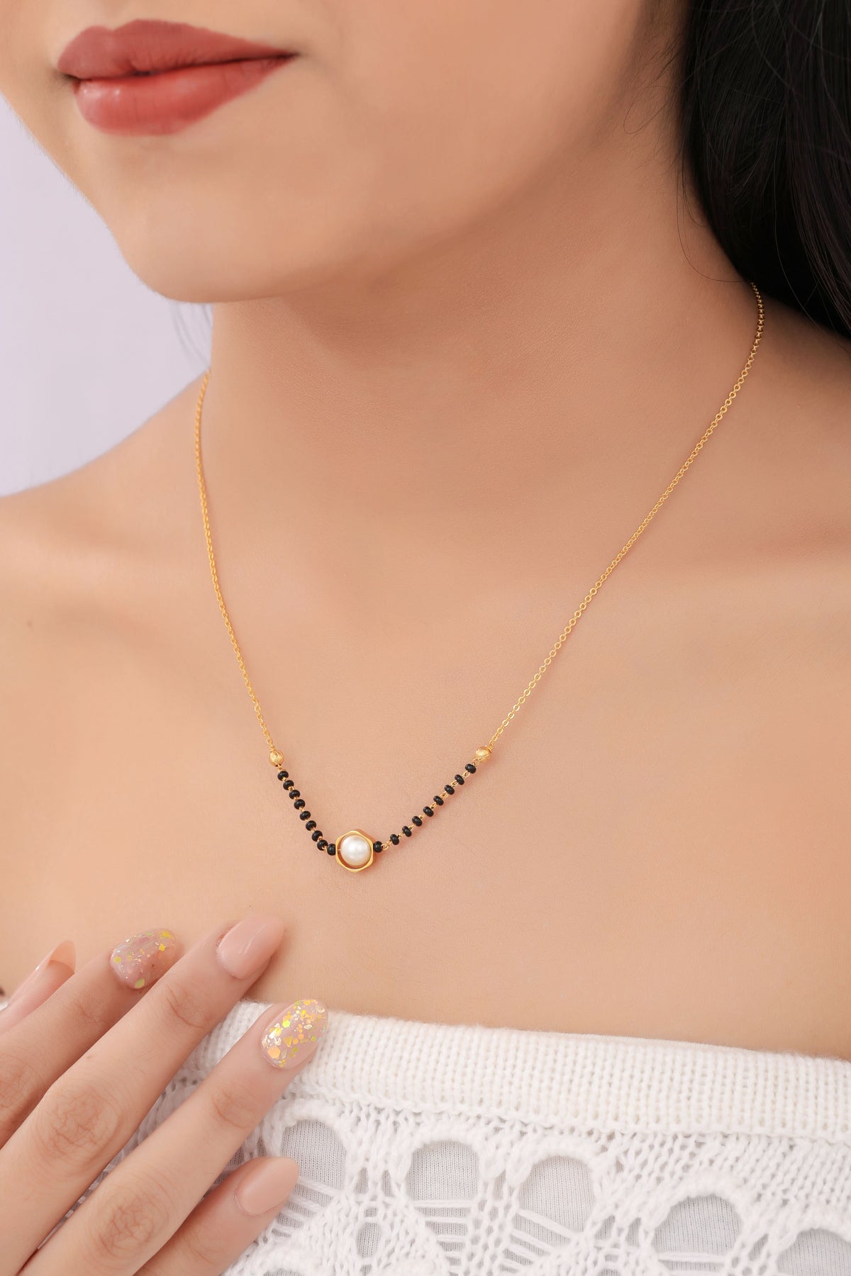 Buy 1 Get 1 Free -Minimal Pearl Center Mangalsutra with Black Beads - Mangalsutra - Belleza Jewels