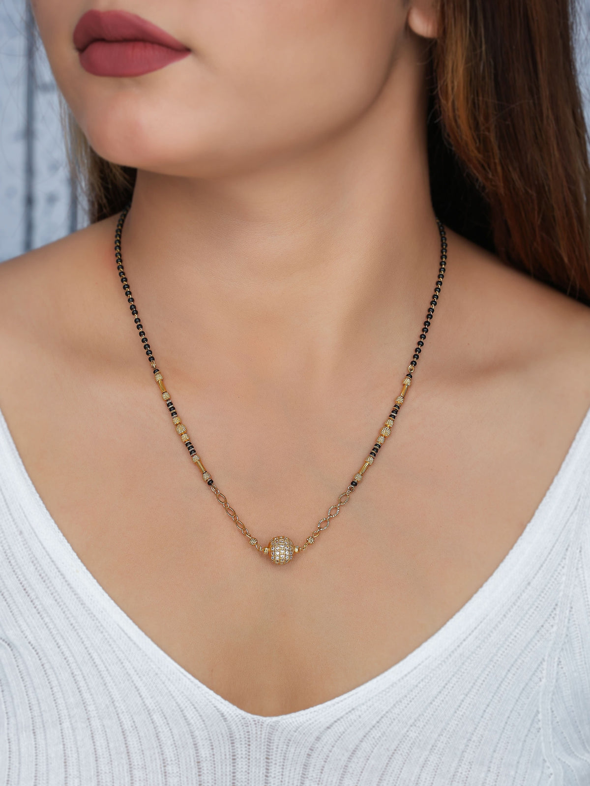 Buy 1 Get 1 Free - Gold Plated Round Crystal Ball Pendant Mangalsutra with Black Beads - Mangalsutra - Belleza Jewels