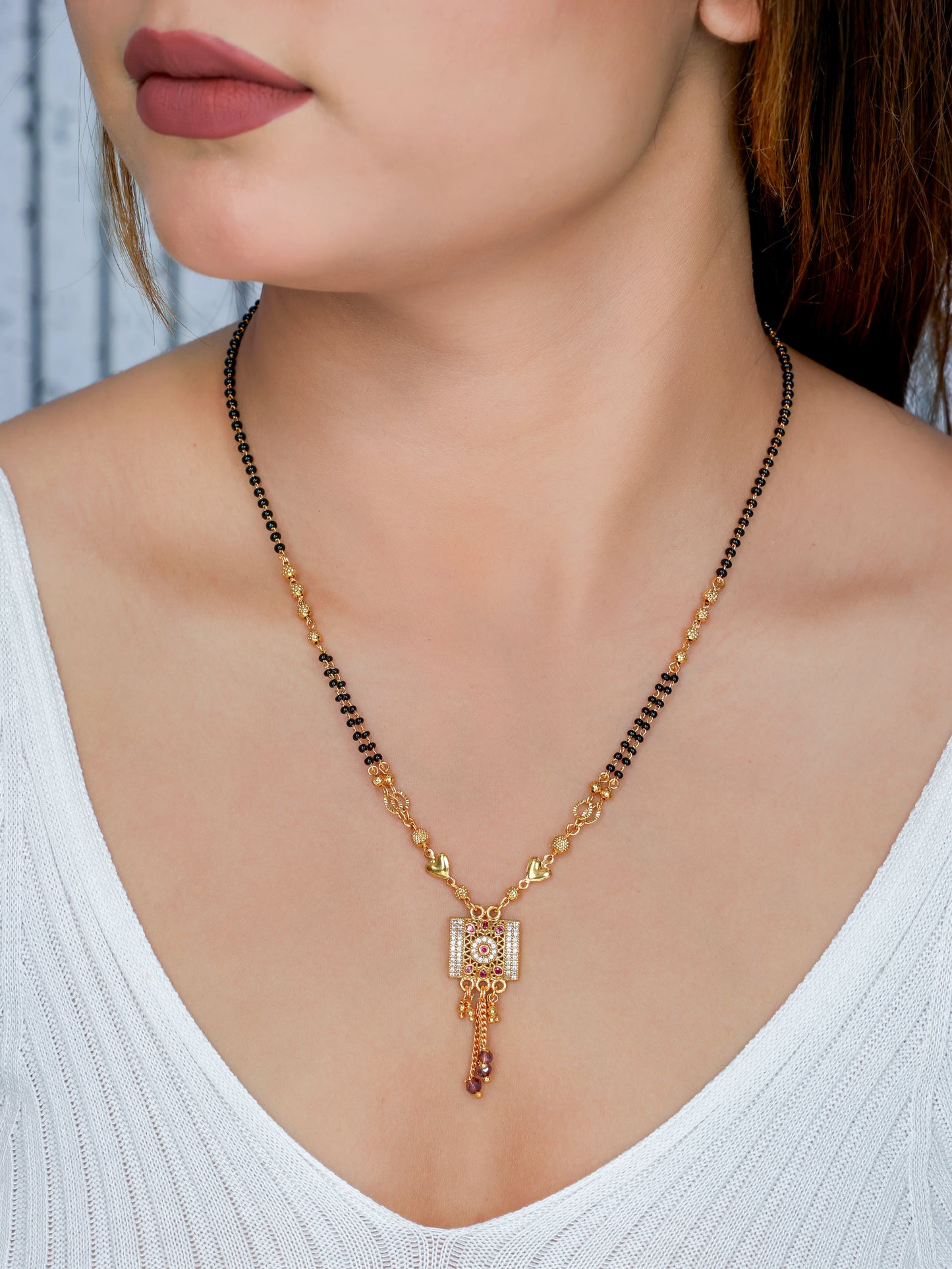 BUY 1 GET 1 FREE- American Diamond High Gold Plated Square Shape Hanging Mangalsutra