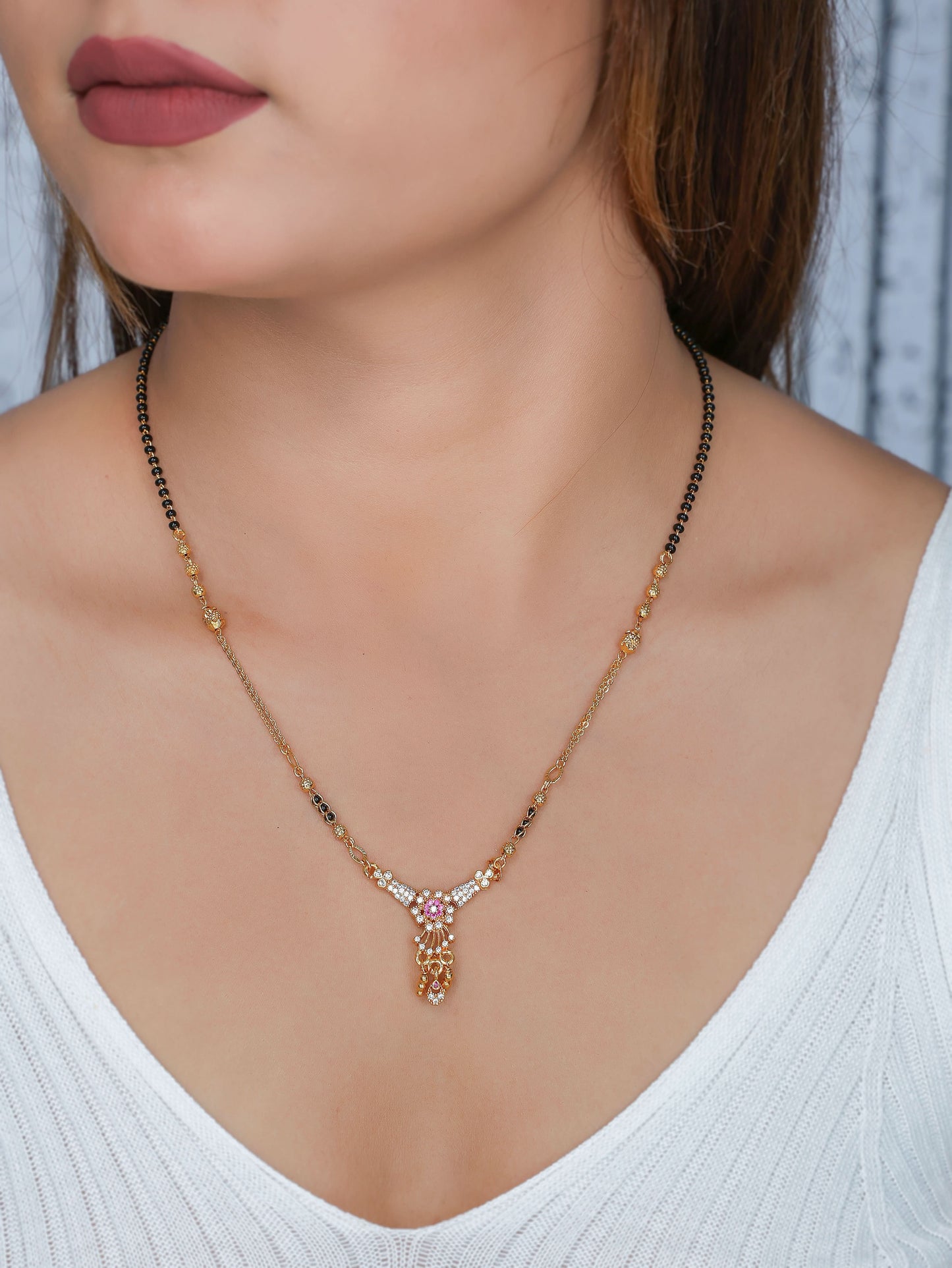 Buy 1 Get 1 Free - American Diamond Hanging Flower Shape Mangalsutra