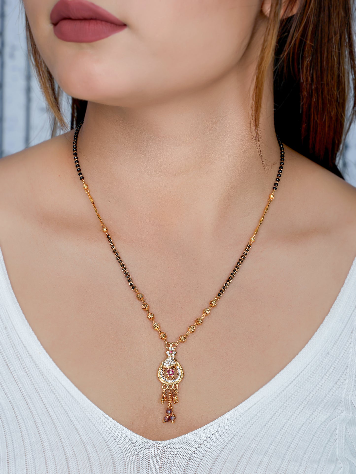 BUY 1 GET 1 FREE- American Diamond Gold Plated Oval Shape Hanging Mangalsutra
