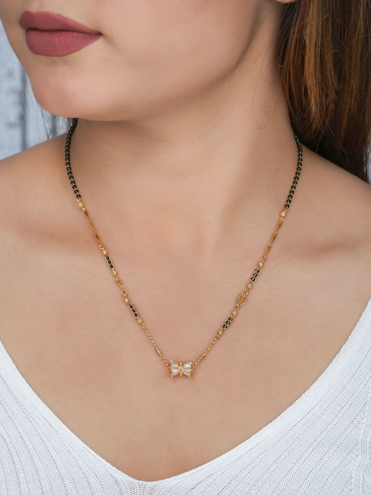 Buy 1 Get 1 Free - Minimal Bow Design Diamond Style Black Beads Mangalsutra - Mangalsutra - Belleza Jewels