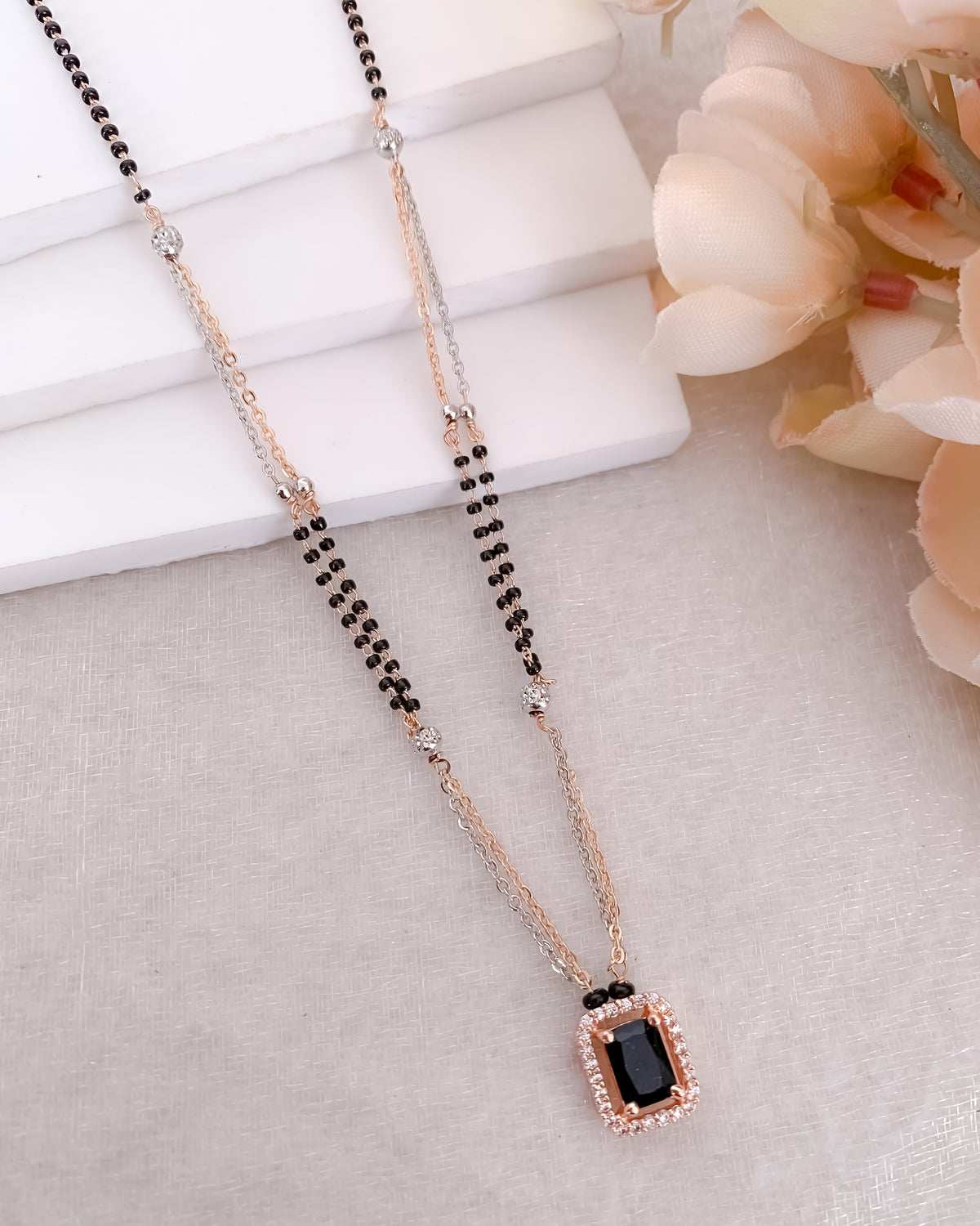 Buy 1 Get 1 Free -Black Rectangle CZ Pendant Mangalsutra | Dual Tone Chain with Black Beads - Mangalsutra - Belleza Jewels