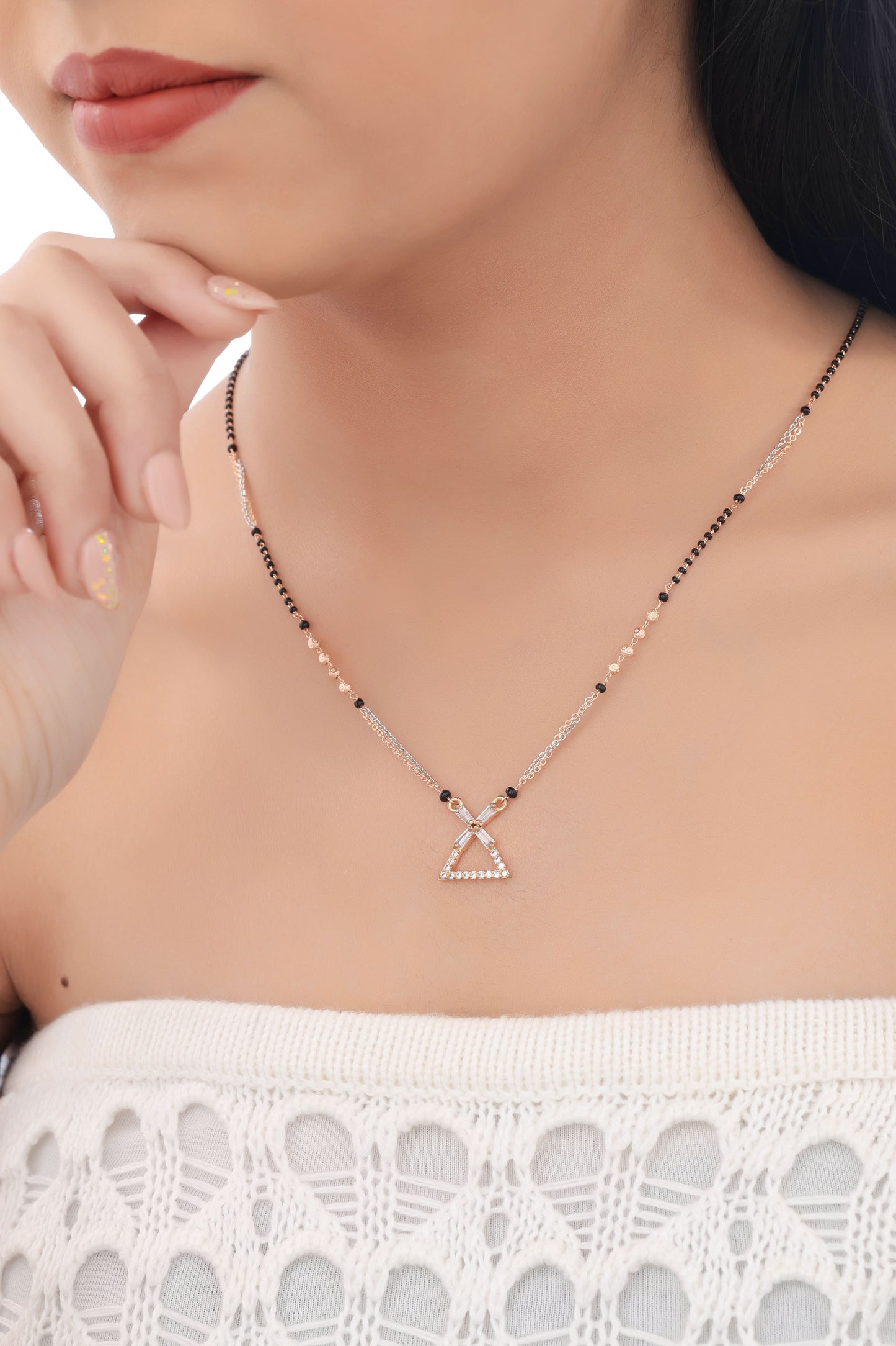 Buy 1 Get 1 Free - American Diamond triangle shape Rose Gold Fancy Delicate Mangalsutra