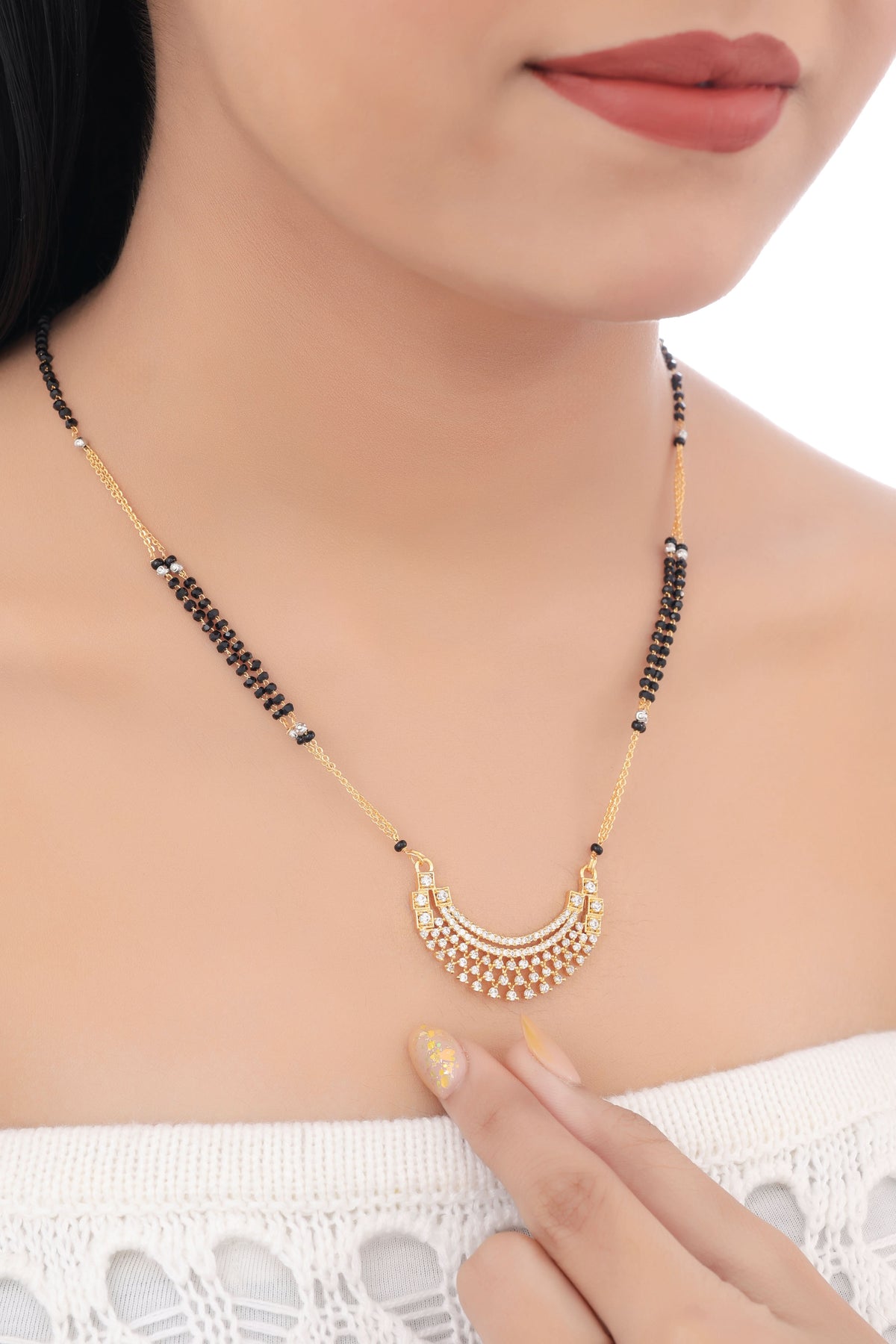 Buy 1 Get 1 Free - Gold Plated Crescent Pendant Mangalsutra with Black Beads & Stone Work - Mangalsutra - Belleza Jewels