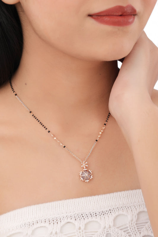Buy 1 Get 1 Free - Starburst Halo CZ Pendant Mangalsutra – Rose Gold Dual-Tone Black Beads Chain - Mangalsutra - Belleza Jewels