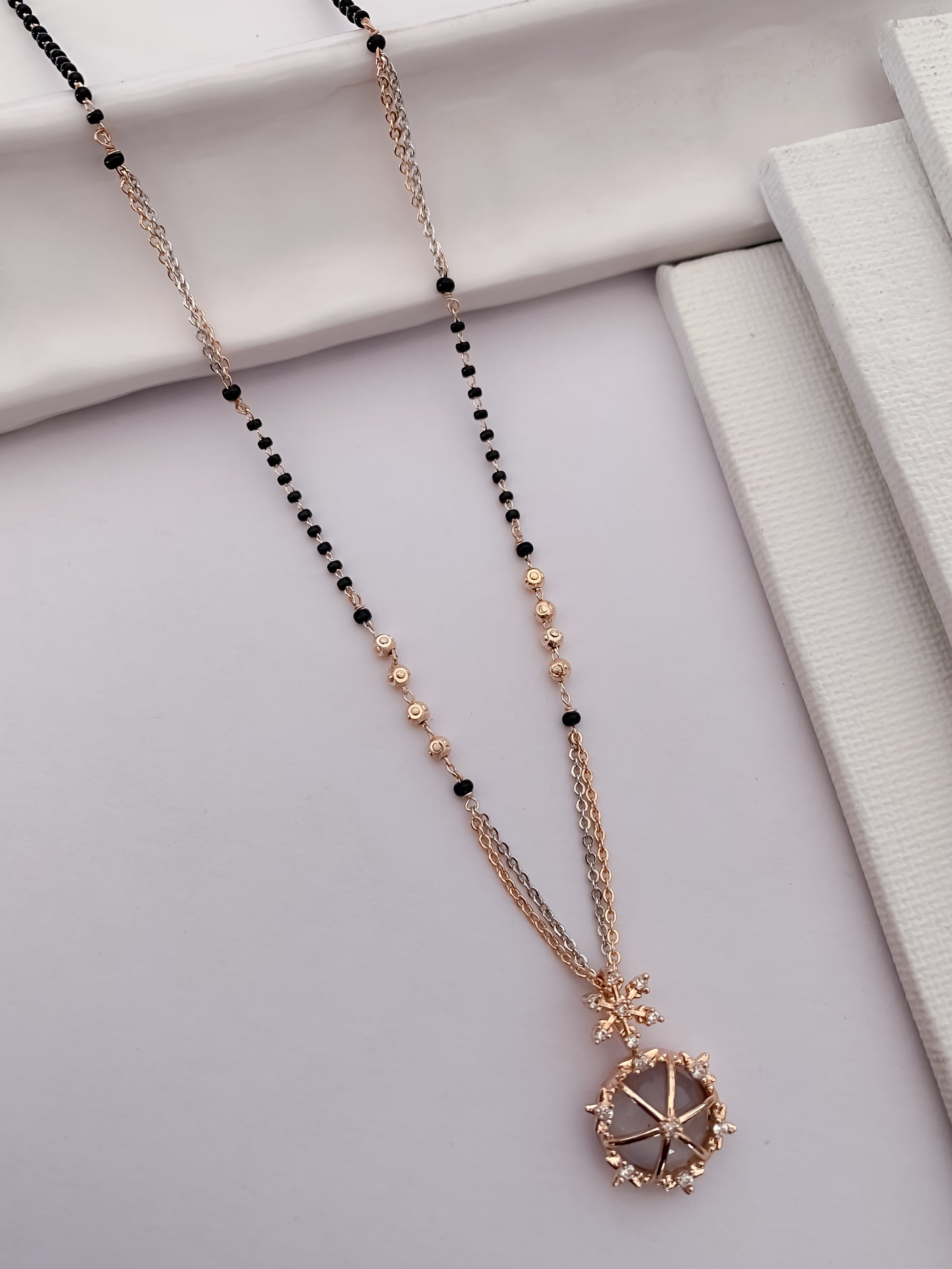 Buy 1 Get 1 Free - Starburst Halo CZ Pendant Mangalsutra – Rose Gold Dual-Tone Black Beads Chain - Mangalsutra - Belleza Jewels