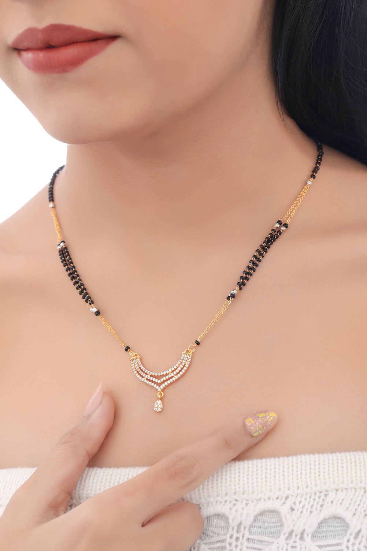 Buy 1 Get 1 Free -  American Diamond Fancy High Gold Hanging Delicate Mangalsutra - Mangalsutra - Belleza Jewels