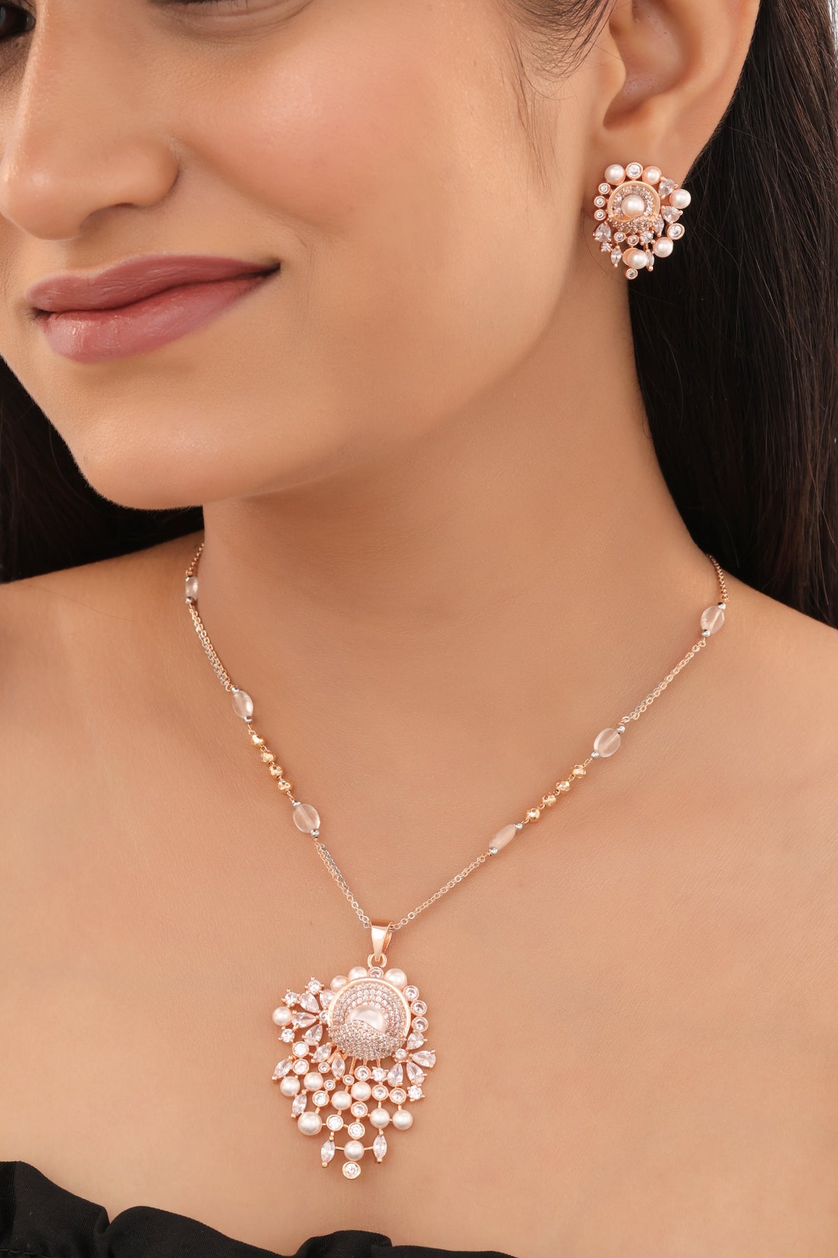 Rose Gold Finish Pearl Drop Pendant Necklace Set with Stud Earrings - Pendant Set - Belleza Jewels