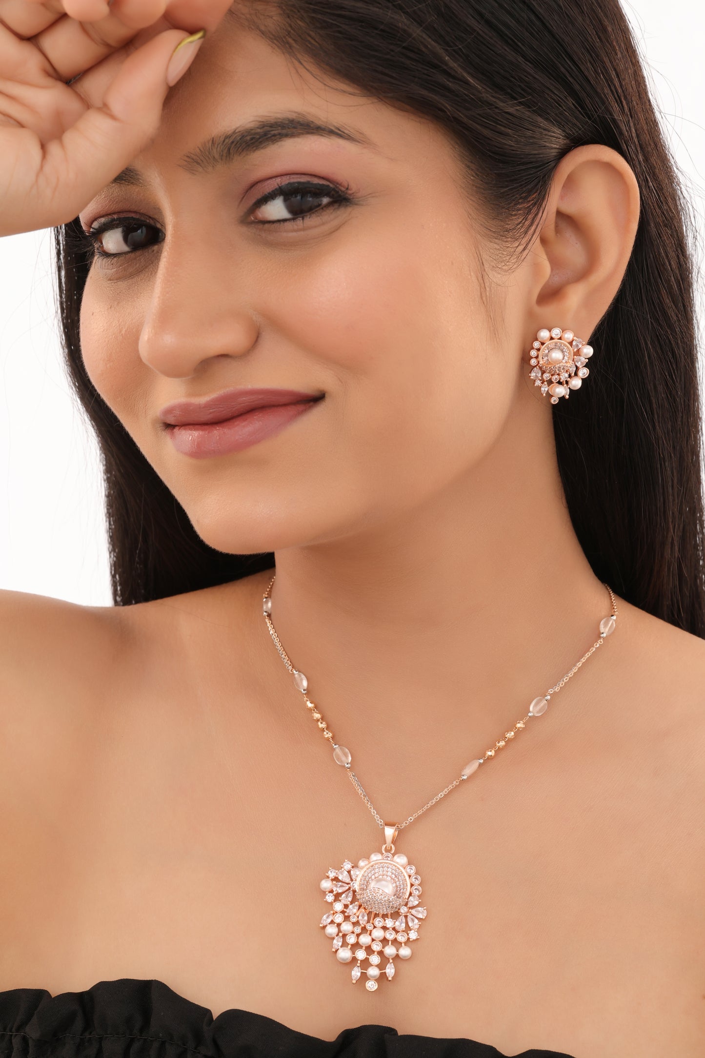 Rose Gold Finish Pearl Drop Pendant Necklace Set with Stud Earrings - Pendant Set - Belleza Jewels