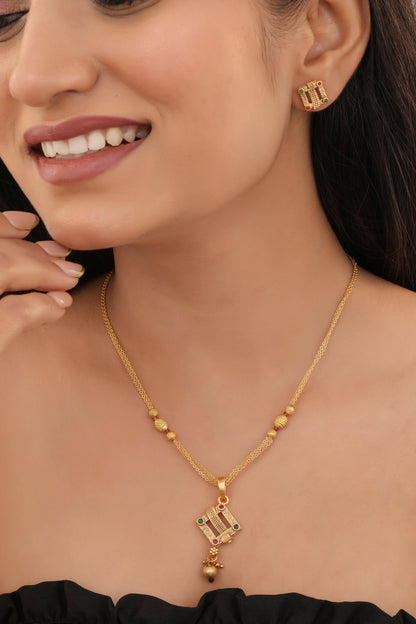 Antique Gold Square Motif Mangalsutra Set with Ruby Accents - Pendant Set - Belleza Jewels
