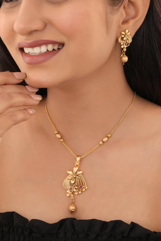 Antique Gold Temple Design Mangalsutra Necklace Set with Drop Earrings