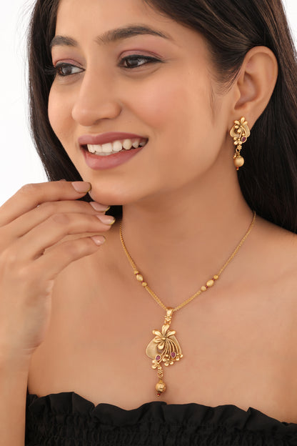Antique Gold Temple Design Mangalsutra Necklace Set with Drop Earrings