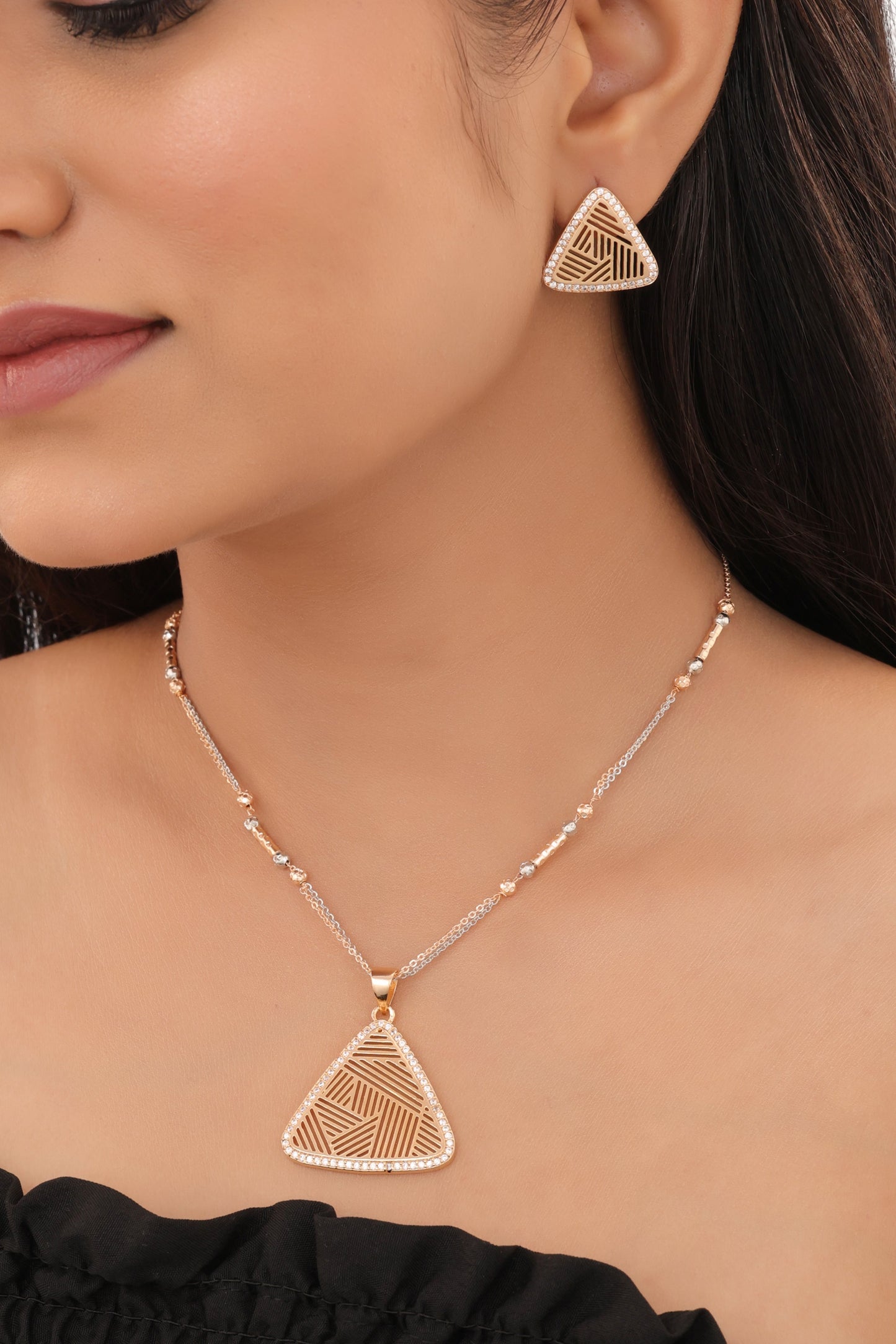 Rose Gold Finish Geometric Triangle Pendant Necklace Set with Earrings - Pendant Set - Belleza Jewels