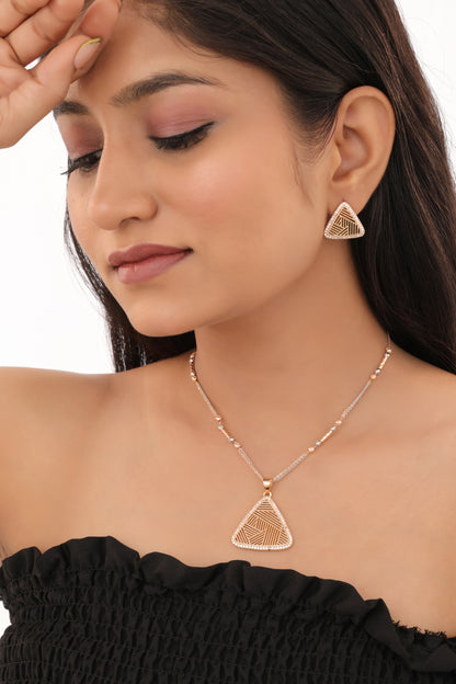 Rose Gold Finish Geometric Triangle Pendant Necklace Set with Earrings - Pendant Set - Belleza Jewels