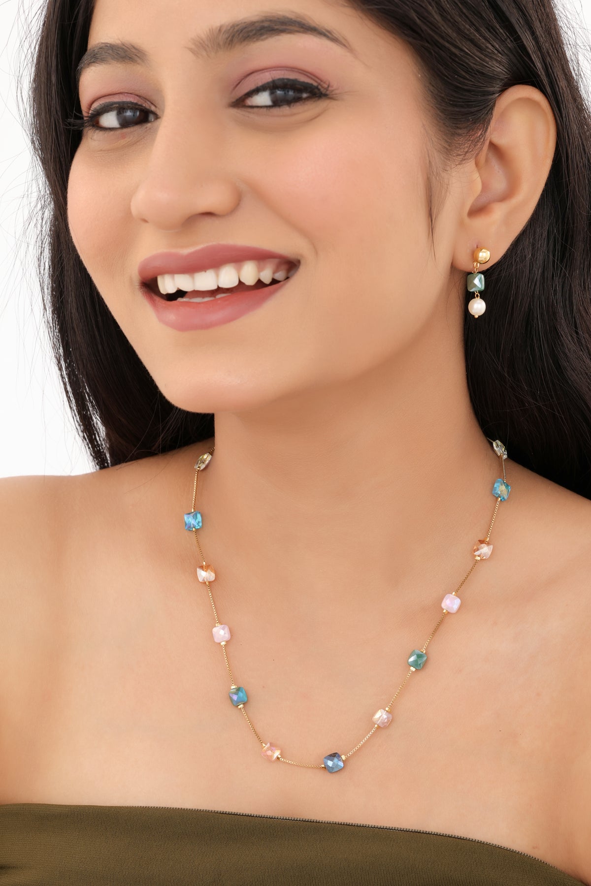 Fancy Mala With Earring Multi Colour High Gold Plated -  - Belleza Jewels