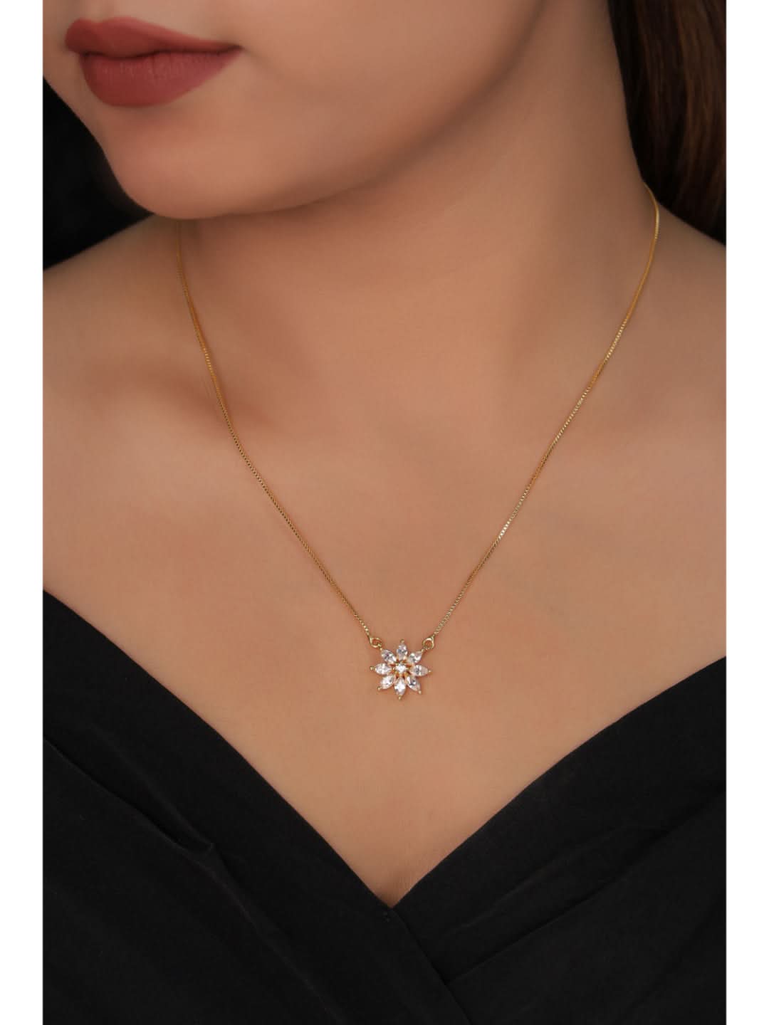 American Diamond Flower Shape Fancy High Gold Chain Pendant - Chain Pendant - Belleza Jewels