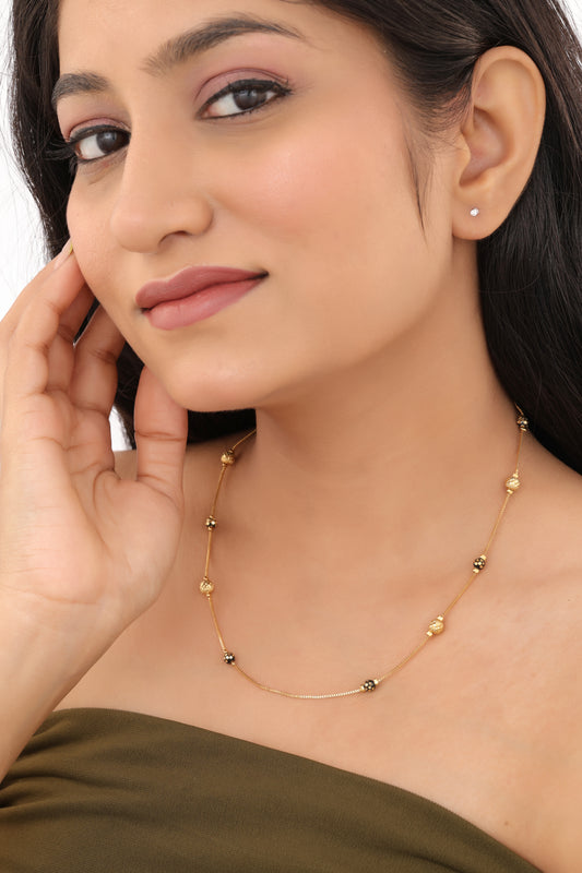 Dual-Tone Polka Bead Long Mala Necklace – Minimal Gold Chain