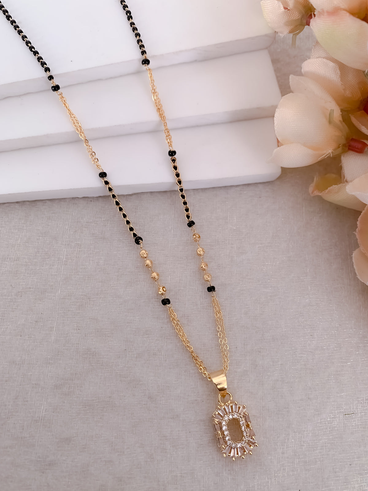 Buy 1 Get 1 Free -Emerald Cut Halo Pendant Mangalsutra - Mangalsutra - Belleza Jewels
