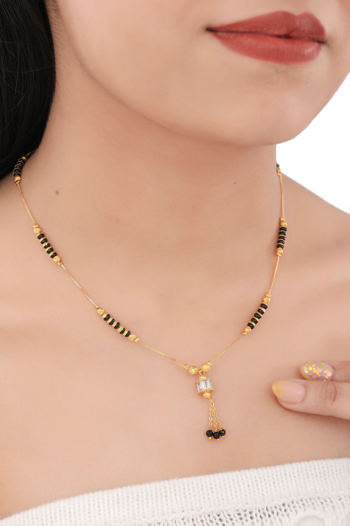 Buy 1 Get 1 Free -Gold Finish Baguette CZ Drop Mangalsutra - Mangalsutra - Belleza Jewels