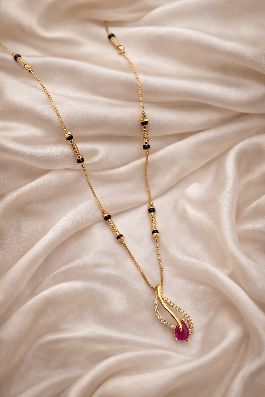 Buy 1 Get 1 Free -  Elegant Curved Flame Black Beads Mangalsutra with Pink Stone