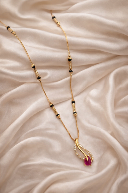Buy 1 Get 1 Free -  Elegant Curved Flame Black Beads Mangalsutra with Pink Stone