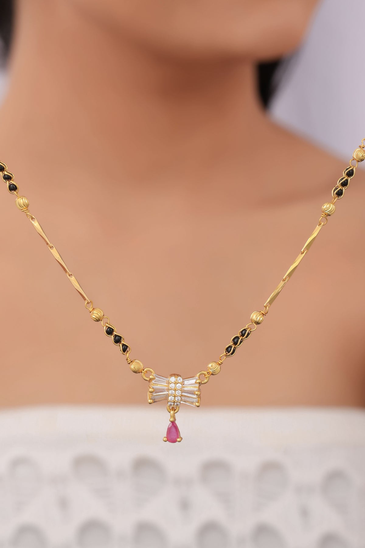 Buy 1 Get 1 Free - Elegant Black Beads Bow Pendant Necklace for Women - Mangalsutra - Belleza Jewels