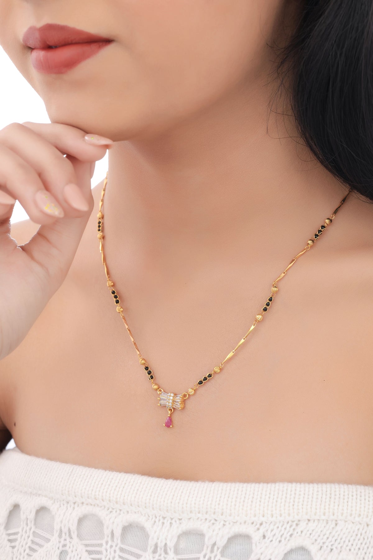 Buy 1 Get 1 Free - Elegant Black Beads Bow Pendant Necklace for Women - Mangalsutra - Belleza Jewels