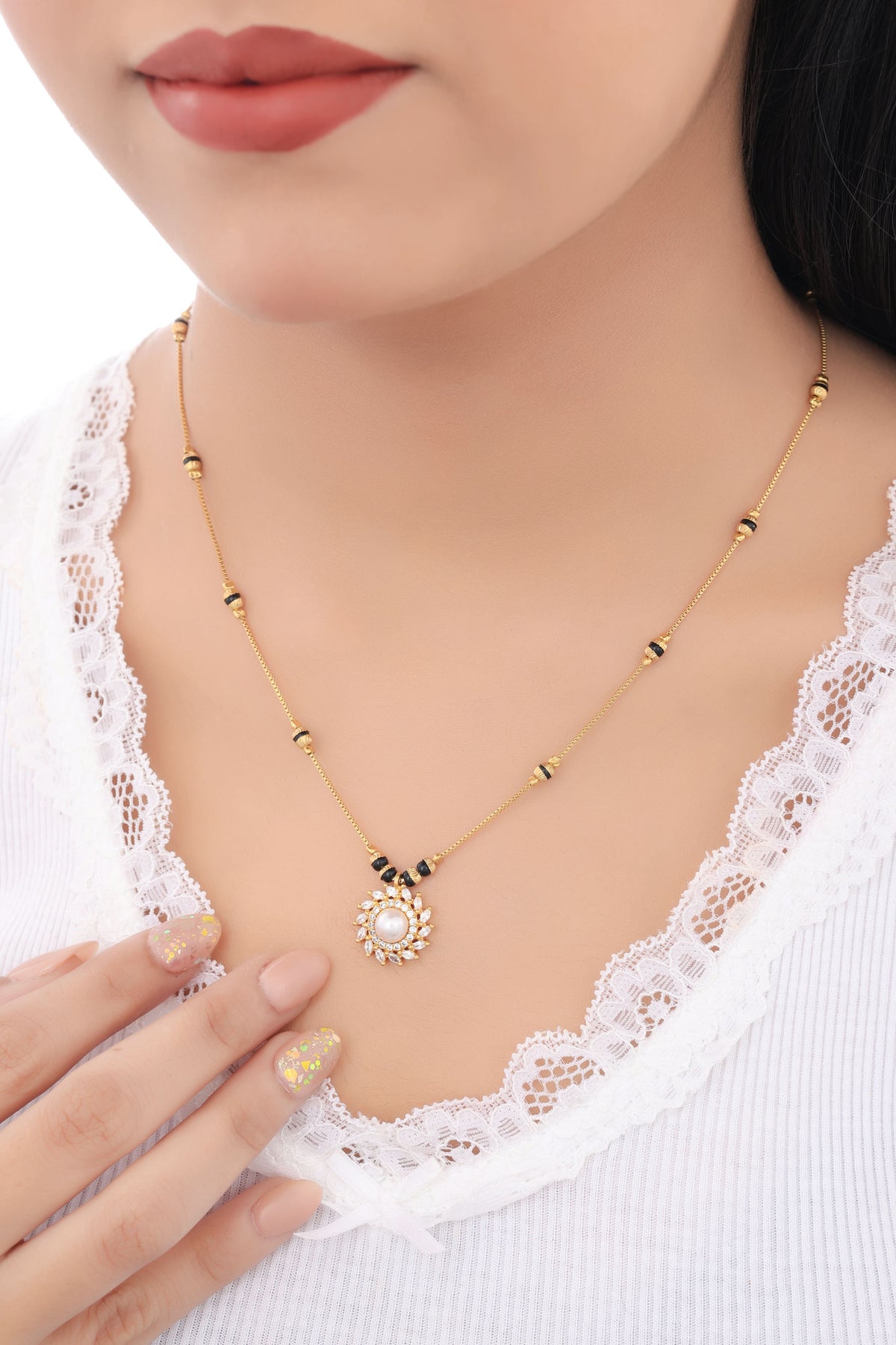 Buy 1 Get 1 Free -Gold Finish Pearl Floral Pendant Mangalsutra - Mangalsutra - Belleza Jewels