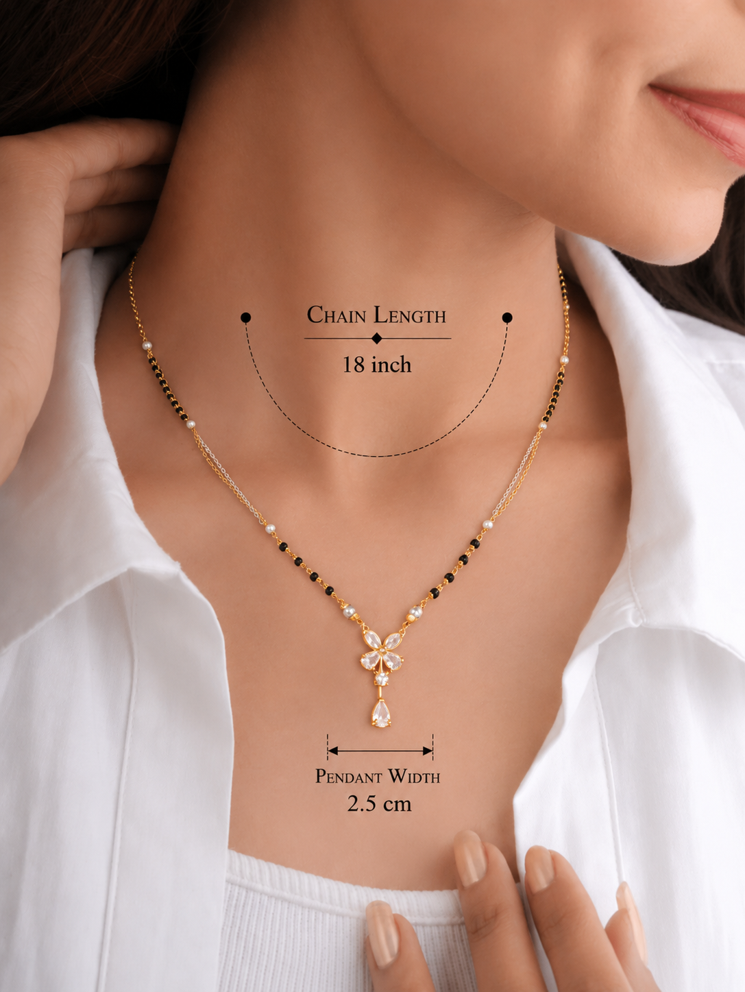 Butterfly Drop CZ Mangalsutra | Dual Tone Chain with Black Beads