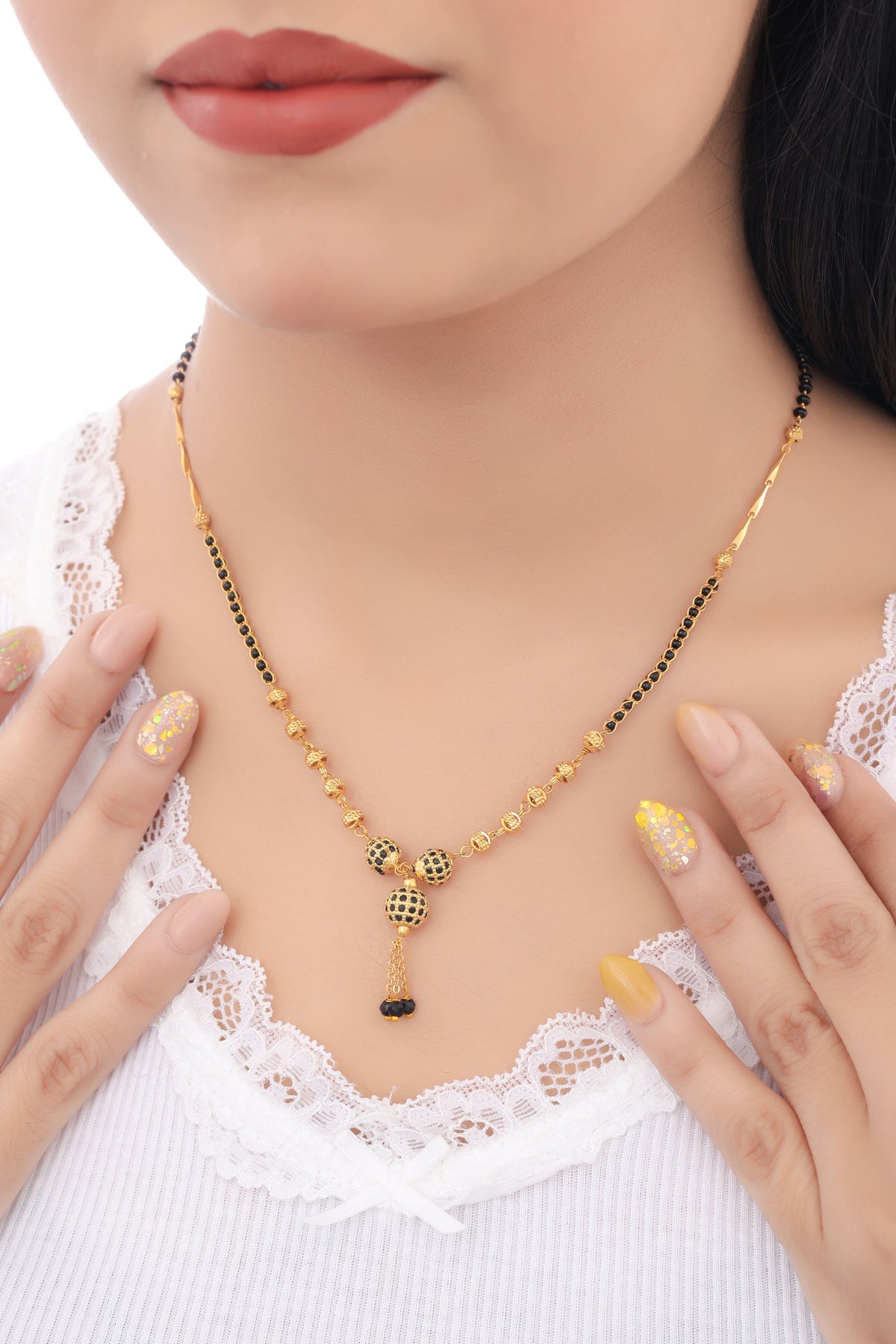 Buy 1 Get 1 Free -  Gold Finish Black Enamel Bead Drop Mangalsutra - Mangalsutra - Belleza Jewels