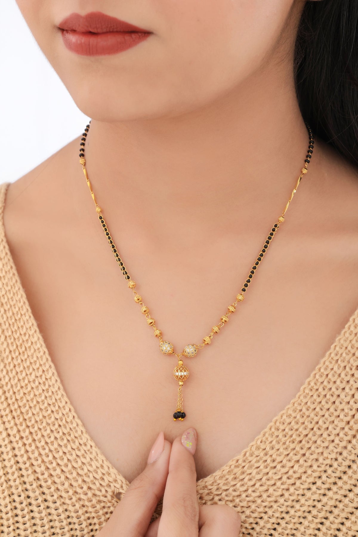 Buy 1 Get 1 Free -  Gold Finish Black Beads Mangalsutra with Dual CZ Ball Pendant - Mangalsutra - Belleza Jewels