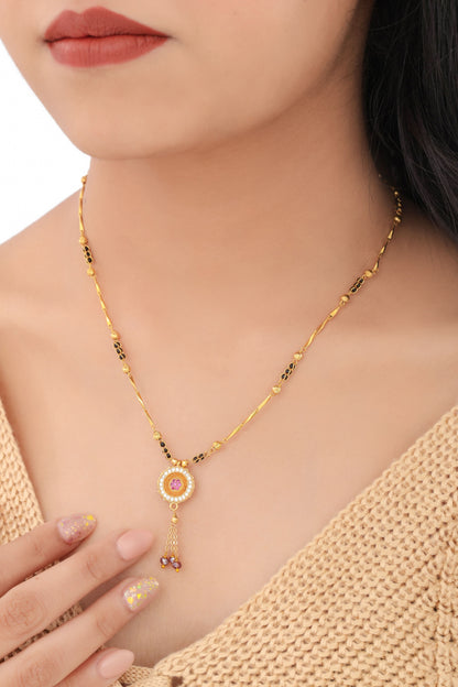 BUY 1 GET 1 FREE -  American Diamond Round High Gold Pleted Ruby Hanging Delicate Mangalsutra